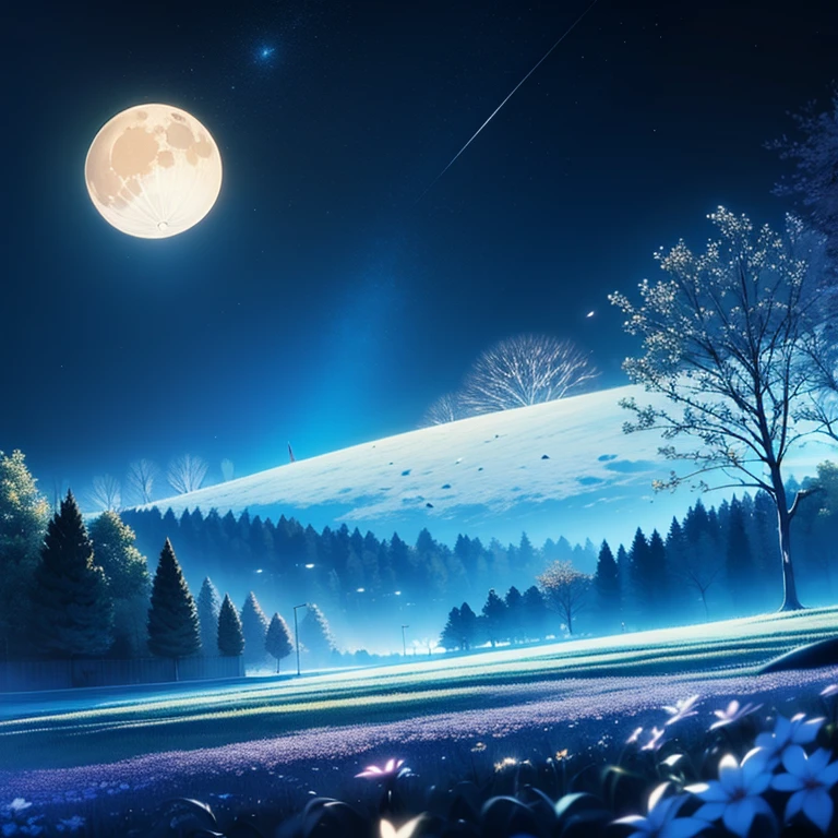 Night scenery with moon, A bright moon in the sky ( sem pessoas) e uma floresta no fundo, ceu negro, anime scenery, with ultra-realistic lines and details in high definition.