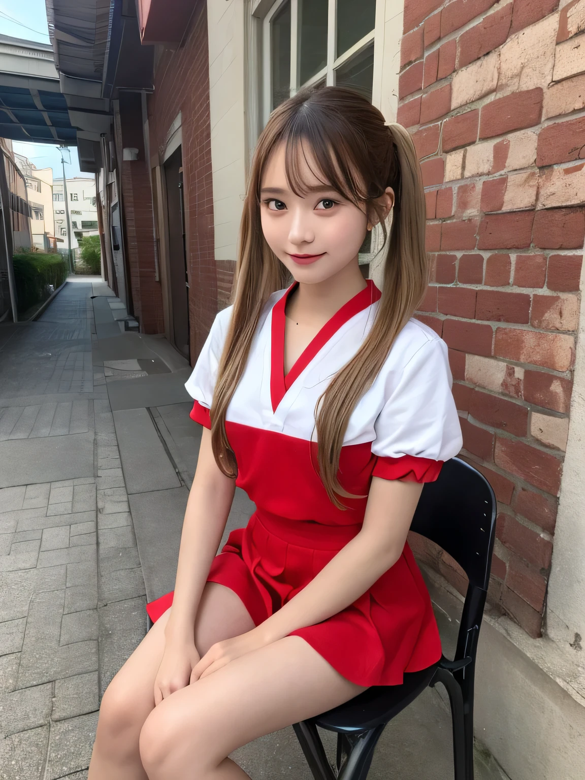 In detail,Full body photo、 One high school girl、High resolution, high quality、Slim body、Blonde、Perfect dynamic composition, Beautiful fine details, Blonde、Twin tails、Natural color lip,Kamimei、、Clear Skin、Short-sleeved red sailor suit、Red mini skirt、Thighs、Shiny Hair、最high quality, figure, Very detailed, In detail, High resolution, 8k、The correct state of the human body、Sculpture model pose,Red Wall,Sitting in a chair、Thighs are visible、smile、