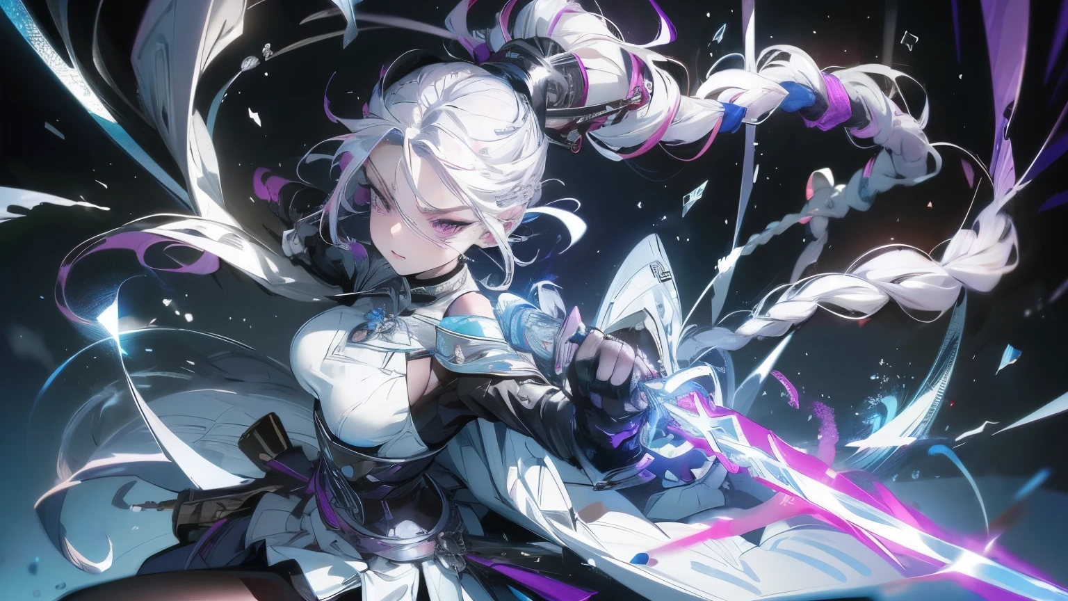 1 girl,Long hair,braid,braided ponytails,Gradient hair color,Purple white,Shiny hair,Pointed chin,big eyes,Purple eyes,Cold expression,Mecha combat suit,white breastplate,Medium breasts,Off-shoulder,covered clavicle,Round pendant,Blue pendant,Silver star logo,Lilac gloves,Elbow Gloves,Battle skirt,Black skirt,Black and white tights,Long-legged pantyhose,Technology((best quality)),((masterpiece)),(detailed),Perfect face,Magic Crystal,
1 ager,Messy hairstyle,White hair,Pointed chin,big eyes,Black eyes,White samurai suit,Black belt,Samurai sword,Round handle long knife,Freeze Spell,Ice Dragon