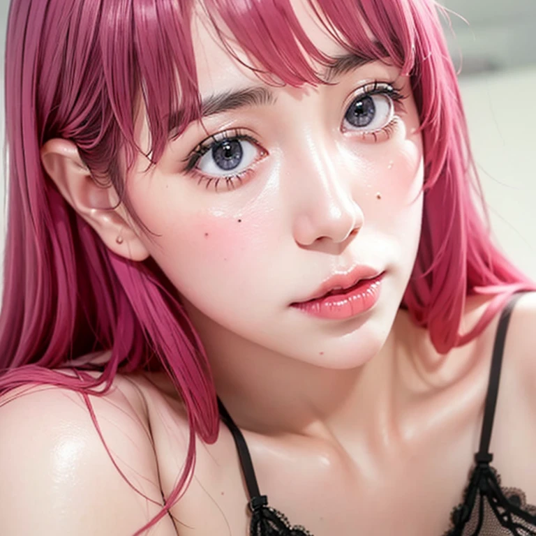 Ultra realistic, open shot (show body), best quality, dream aesthetic (a little blurry in cinematic vibrant light), ultra-detailed, fine details, high resolution (image taken by analog camera), Perfect dynamic composition, illuminated pale skin, perfect shading, beautiful (realistic) detailed clear eyes, black lingerie, pantyhose, pale-pink hair, long messy (silky) hair (pale pink), tied hair, natural big breasts, Natural Color Lip (not smiling), face with shy and embarrassed expression, Random and sensual poses, bedroom (background unfocused)、20 year old、dream atmosphere 