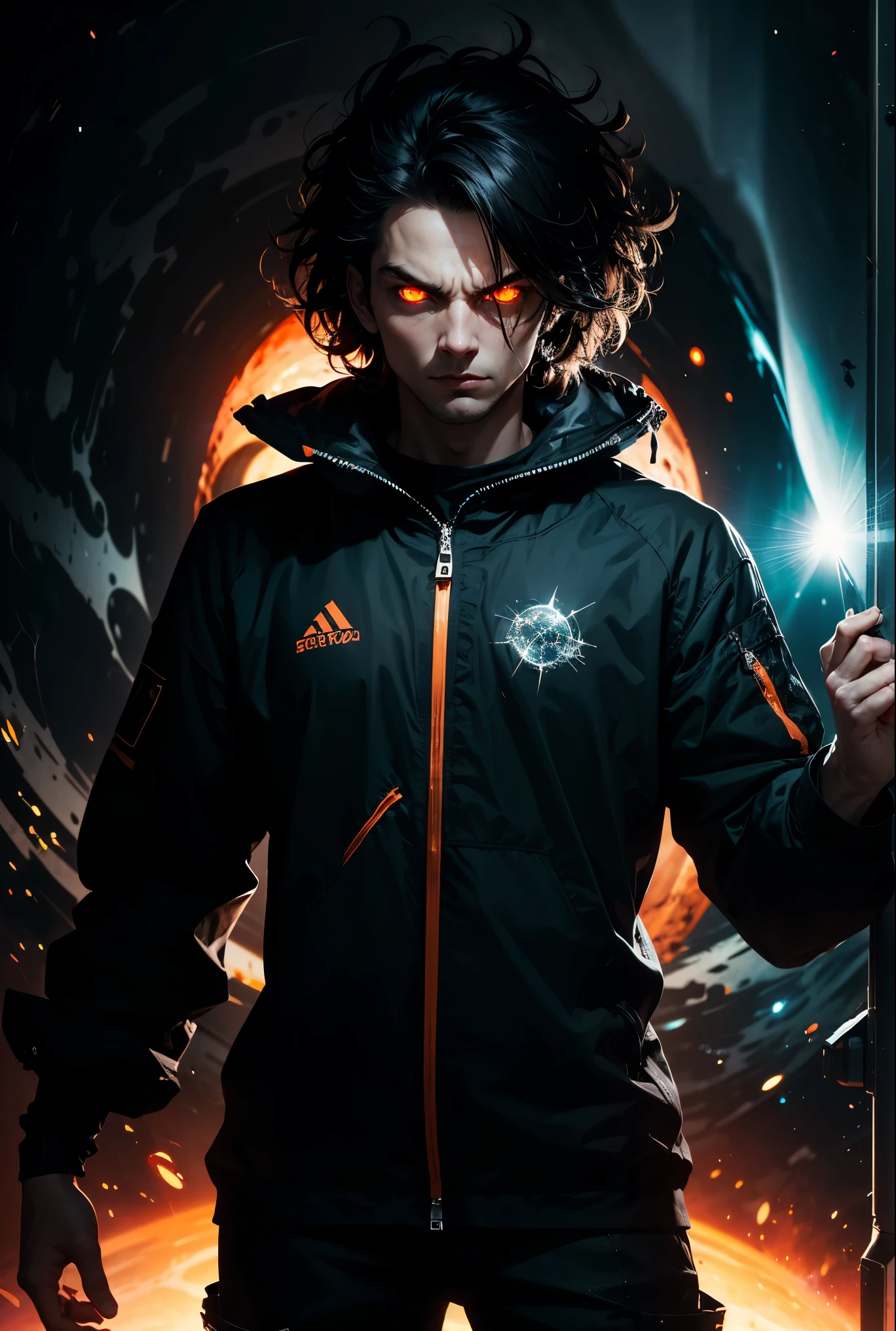 Man with messy hair, black and orange in color, wearing scientist's clothes, with yellow eyes, holding a black hole, black hole aura, evil look