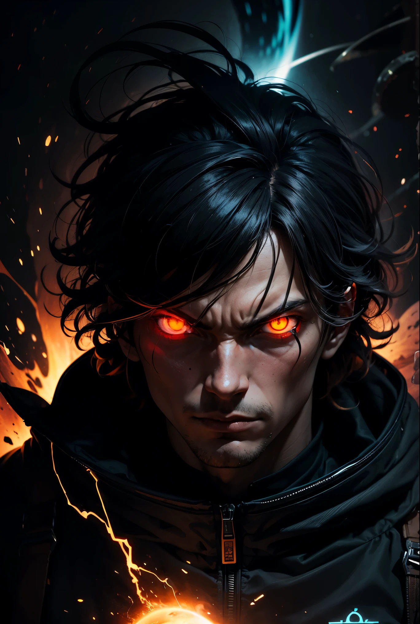 Man with messy hair, black and orange in color, wearing scientist's clothes, with yellow eyes, holding a black hole, black hole aura, evil look