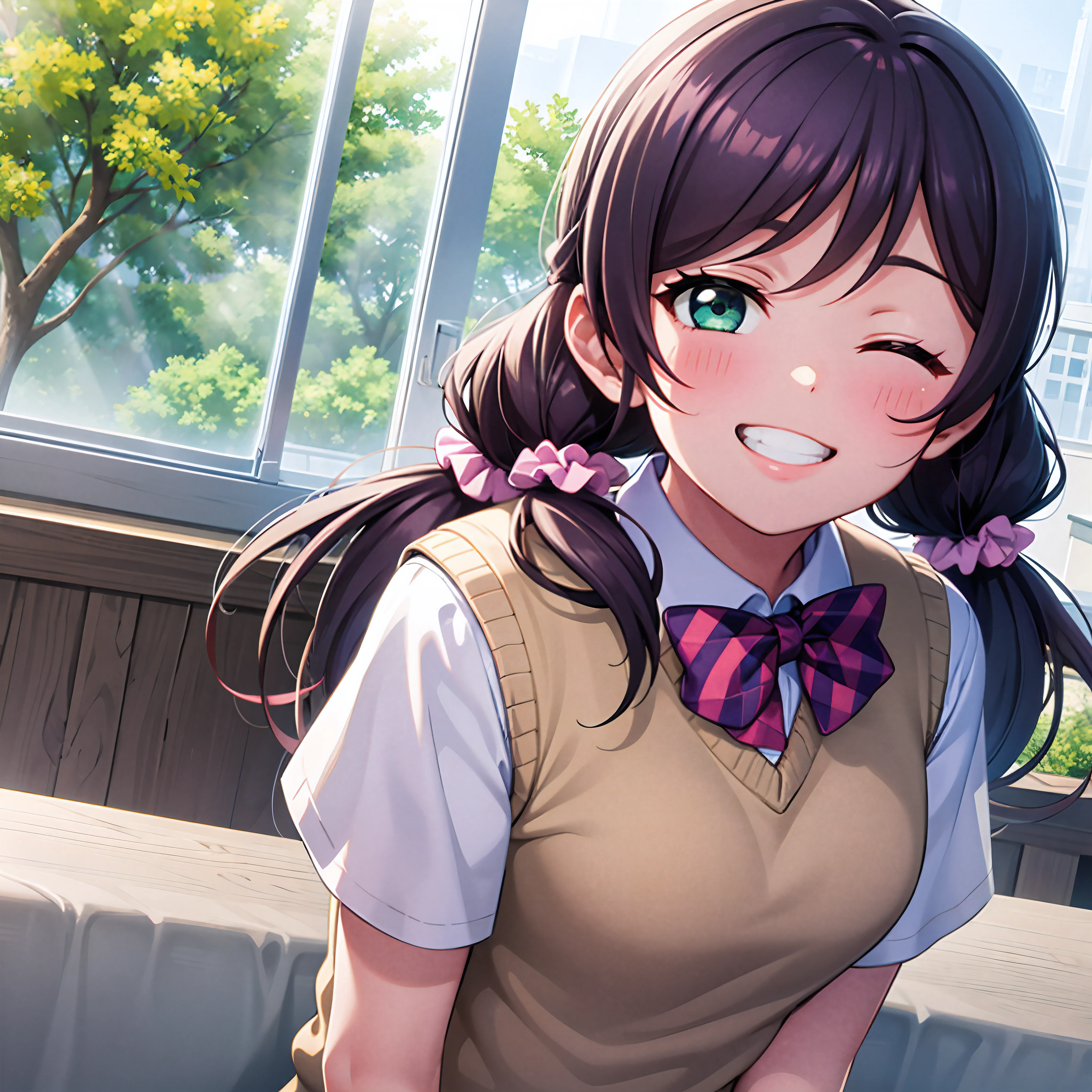 (masterpiece, best quality, ultra-detailed), (illustration), (beautiful detailed eyes), (1girl), (solo), toujou nozomi, green eyes, long hair, low twintails, scrunchie, long hair, looking at viewer, smile, bow, twintails, school uniform, green eyes, upper body, purple hair, short sleeves, one eye closed, grin, window, low twintails, scrunchie, sweater vest, summer uniform, otonokizaka , pink scrunchie