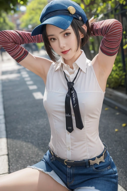 ((best quality)),((highly detailed)),masterpiece,absurdres,detailed face,beautiful face,(detailed eyes, deep eyes),1girl,((dynamic pose)), marie persona 4, wearing marie outfit from persona 4,short hair, solo, bow, small breasts, cowboy shot, center town, outdoors, seductive smile, looking at viewer, wearing hat, put your hands behind your head, armpits, armpits visible, sweaty armpits, wearing sleeve