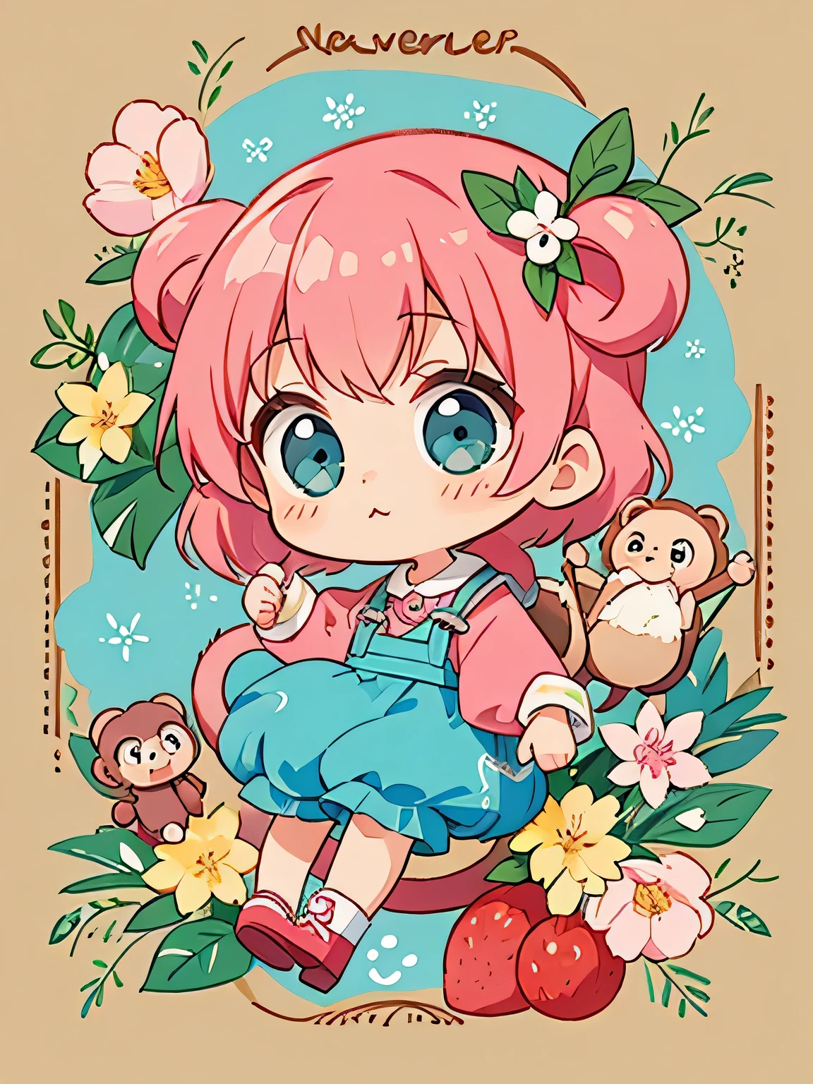 Momoko Sakura style, Kawaii Design, The most beautiful girl of all time、Chibi, monkey, playing、monkey Forest