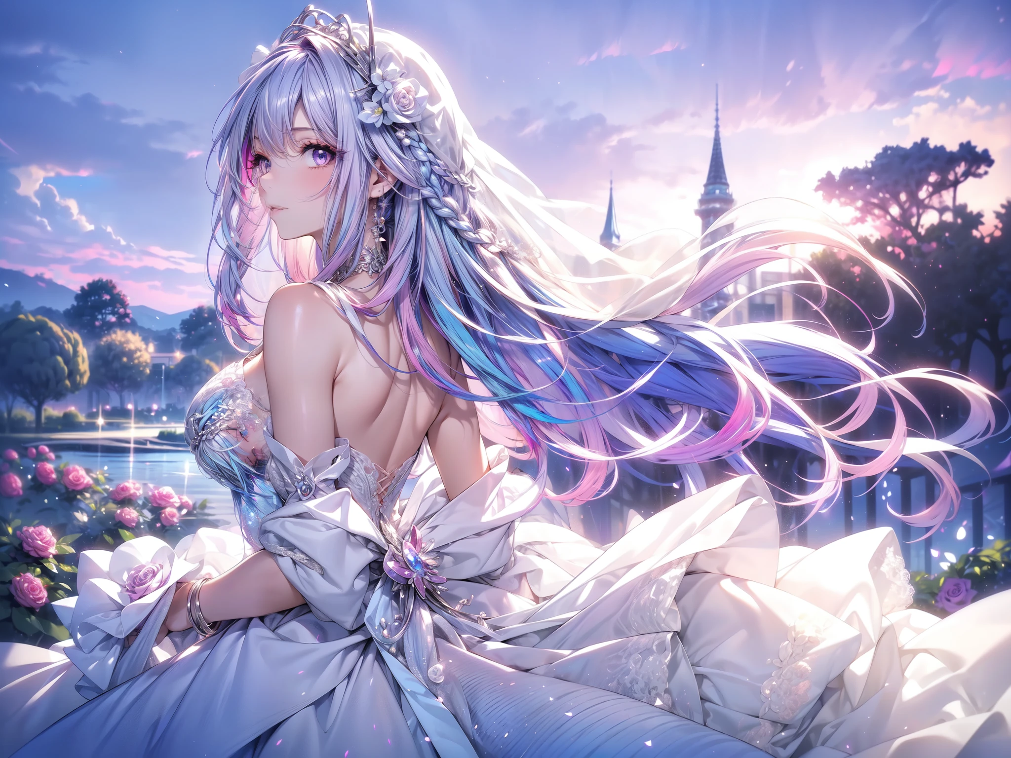 (masterpiece, best quality, beautiful and aesthetic:1.3), look back, side view, 1girl, solo, light smile, (Silver blue hair streaked pink purple:1.4), (Gradient sky blue hair ends:1.6), hair strand, absurdly long hair, single sidelock, wavy hair, shiny hair, floating hair, (deep purple eyes), delicate eyes, aqua eyes, super high detailed eyes, long upper eyelashes, makeup, Focus on face, Very detailed facial, Pretty Face, Perfect breasts, hot body, (Delicate skin texture:1.2), bridal veil, lace-trimmed dress, see-through, wedding dress, outdoors, white roses, garden, morning, standing, extreme detailed,