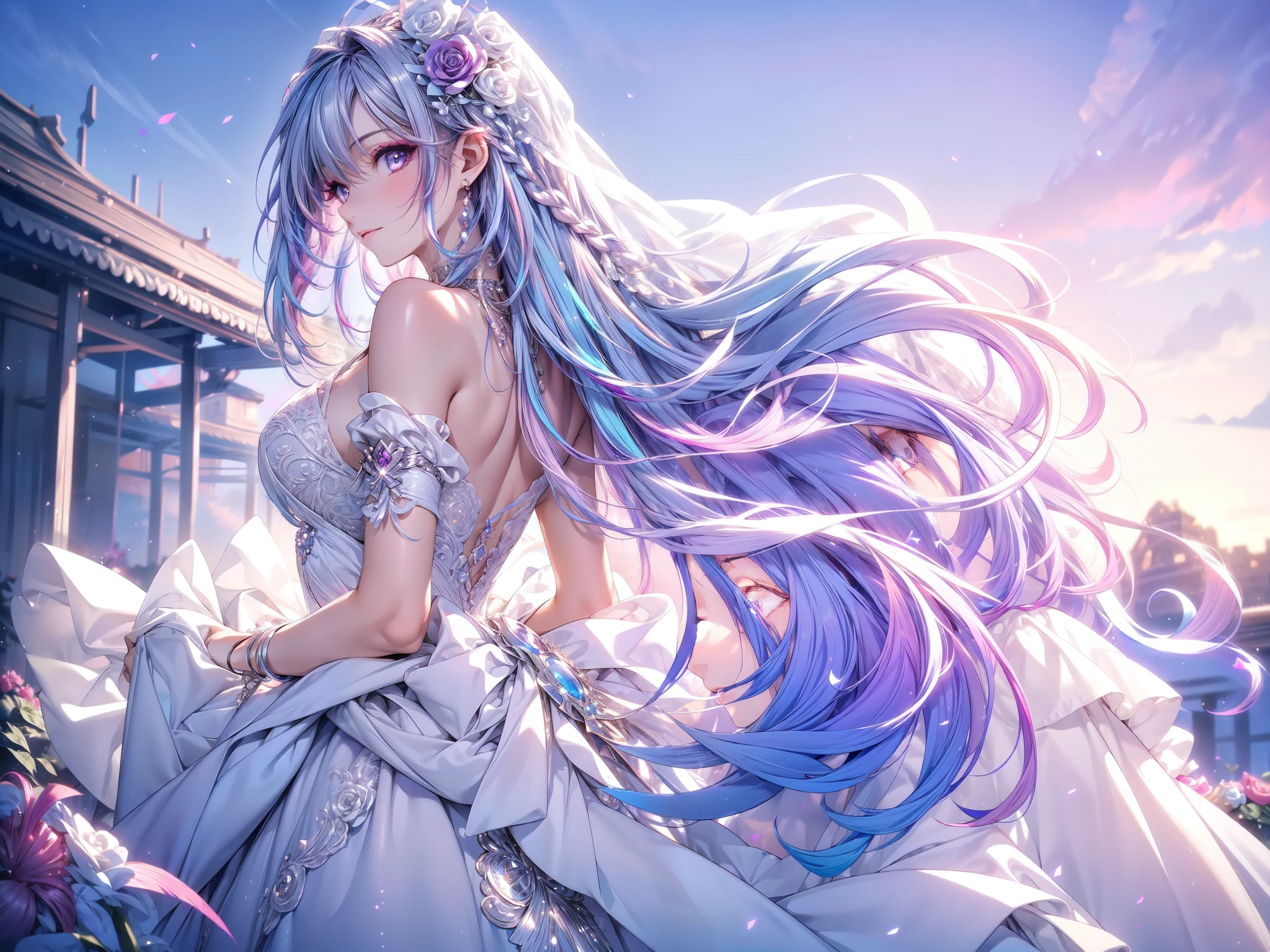(masterpiece, best quality, beautiful and aesthetic:1.3), look back, side view, 1girl, solo, light smile, (Silver blue hair streaked pink purple:1.4), (Gradient sky blue hair ends:1.6), hair strand, absurdly long hair, single sidelock, wavy hair, shiny hair, floating hair, (deep purple eyes), delicate eyes, aqua eyes, super high detailed eyes, long upper eyelashes, makeup, Focus on face, Very detailed facial, Pretty Face, Perfect breasts, hot body, (Delicate skin texture:1.2), bridal veil, lace-trimmed dress, see-through, wedding dress, outdoors, white roses, garden, morning, standing, extreme detailed,