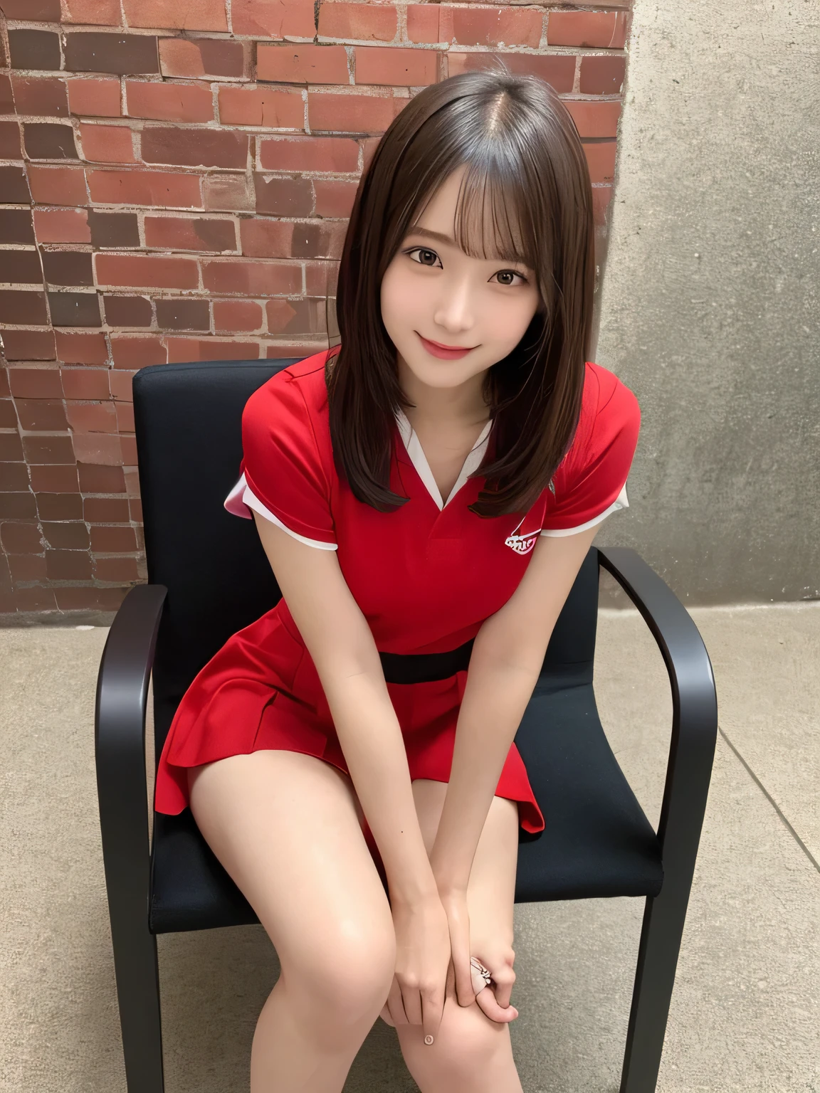 In detail,Full body photo、 One high school girl、High resolution, high quality、Slim body、Perfect dynamic composition, Beautiful fine details, Short Hair、Natural color lip,Kamimei、16-year-old girl、Clear Skin、Short-sleeved red sailor suit、Red mini skirt、Thighs、Shiny Hair、最high quality, figure, Very detailed, In detail, High resolution, 8k、The correct state of the human body、Sculpture model pose，Red Wall,Sitting in a chair、Thighs are visible、smile、