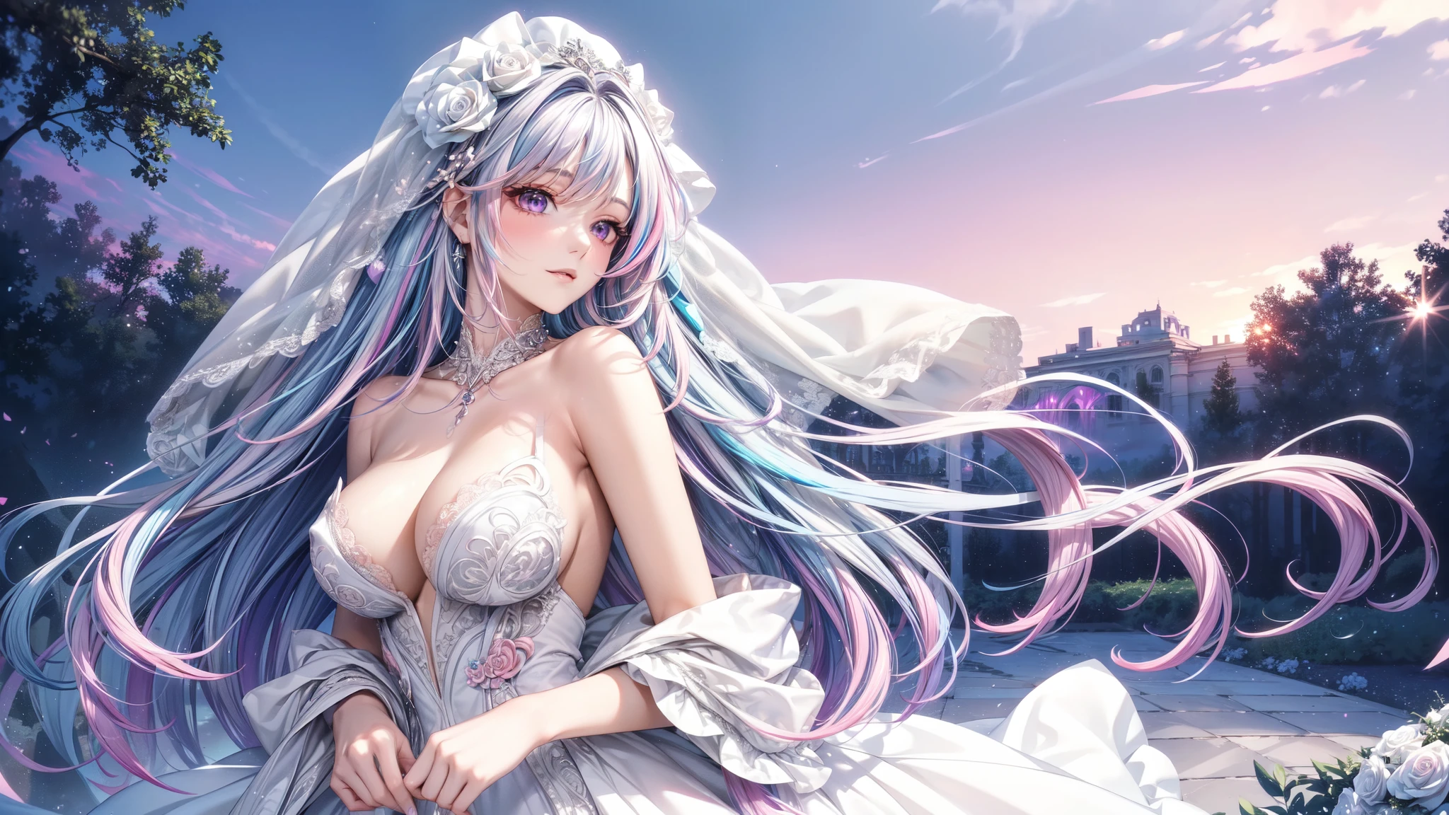 (masterpiece, best quality, beautiful and aesthetic:1.3), look back, side view, 1girl, solo, light smile, (Silver blue hair streaked pink purple:1.4), (Gradient sky blue hair ends:1.6), hair strand, absurdly long hair, single sidelock, wavy hair, shiny hair, floating hair, (deep purple eyes), delicate eyes, aqua eyes, super high detailed eyes, long upper eyelashes, makeup, Focus on face, Very detailed facial, Pretty Face, Perfect breasts, hot body, (Delicate skin texture:1.2), bridal veil, lace-trimmed dress, see-through, wedding dress, outdoors, white roses, garden, morning, standing, extreme detailed,