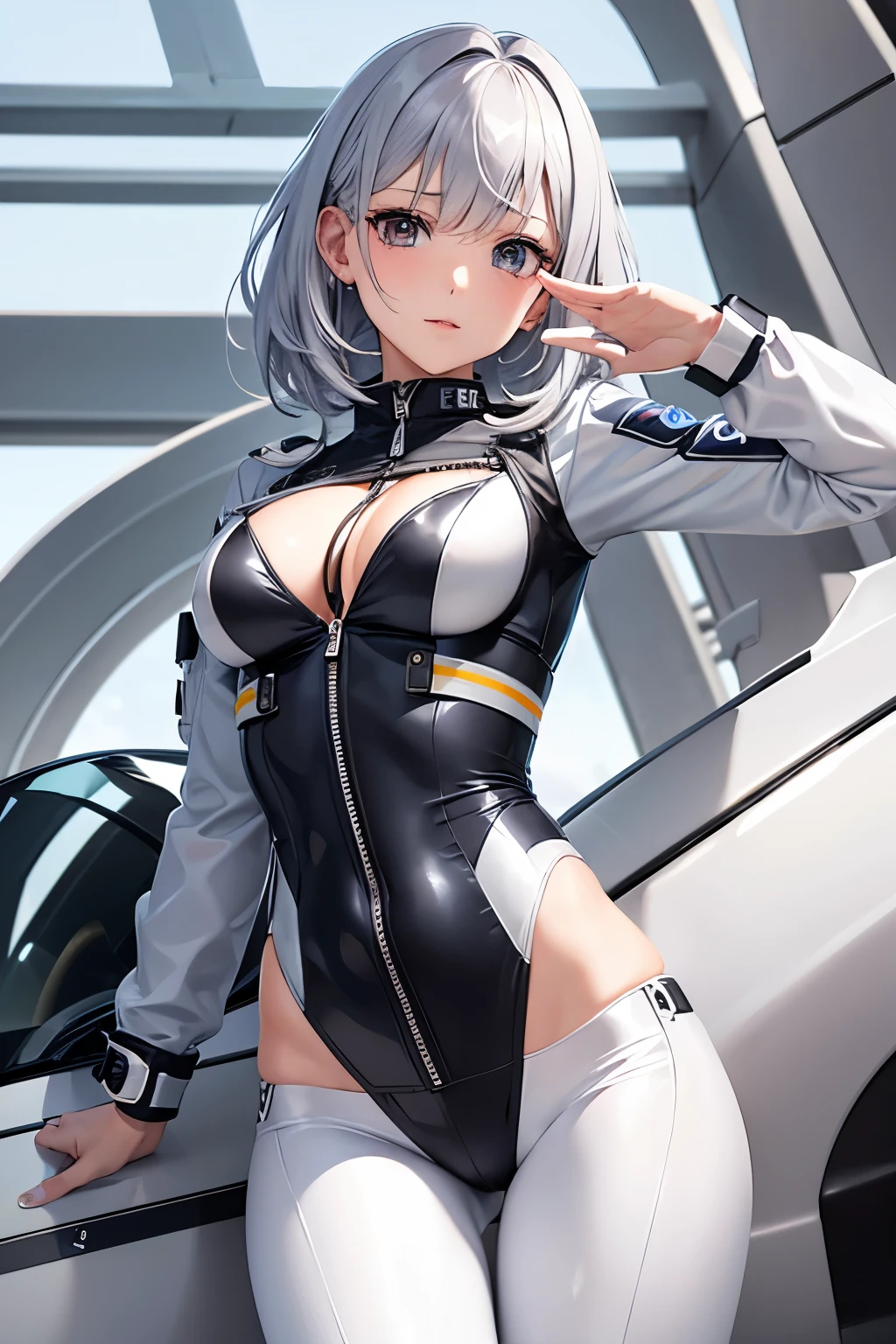 （（（highest quality、first-clasasterpiece、Normal body、8k、Detailed face、Ultra-precision、Normal hand、Normal finger、５Finger、）））Brightly colored hair、Silver Hair、Shortcuts、A tight, revealing pilot suit、Thin leotard pilot suit、See-through high-cut pilot suit、Change of clothes、Starts taking off pilot suit、Lower the front zipper of the pilot suit、Grab the zipper on your chest、Showing off、White pants、White bra、Postures that emphasize the chest、Salute and unzip your zipper、Nipples勃起、Nipples、Blushing and shyly opening the front zipper、Even though I&#39;m embarrassed and trembling, I can&#39;t resist orders.、tears目、tears、Crying face、Embarrassed and crying、Standing still