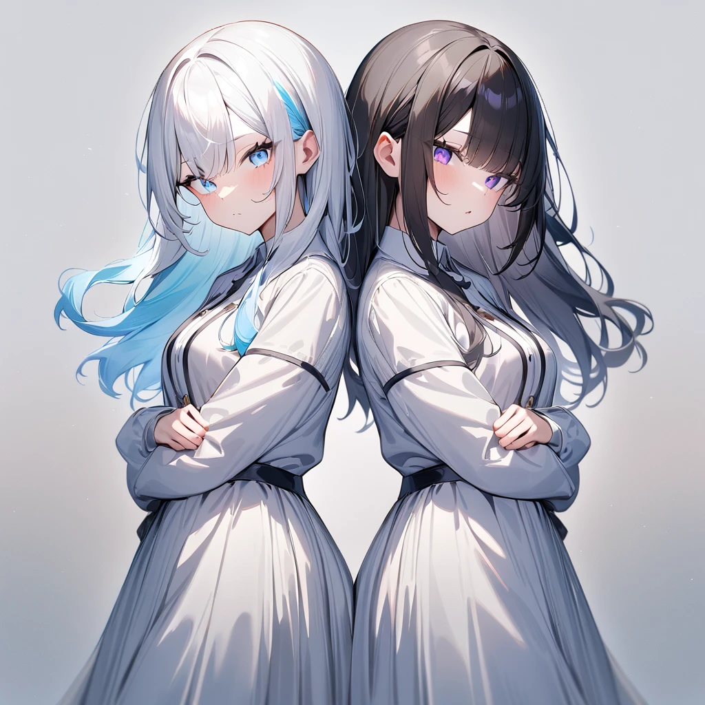{{2girls}},masterpiece,best quality,very aesthetic,absurdres,cowboy shot,light color,dark color,light hair,dark hair,White hair,light  blue hair,light  blue eyes,Lovely,translucent hair,dark purple eyes,headless,(black hair,one eyes),back to back, 