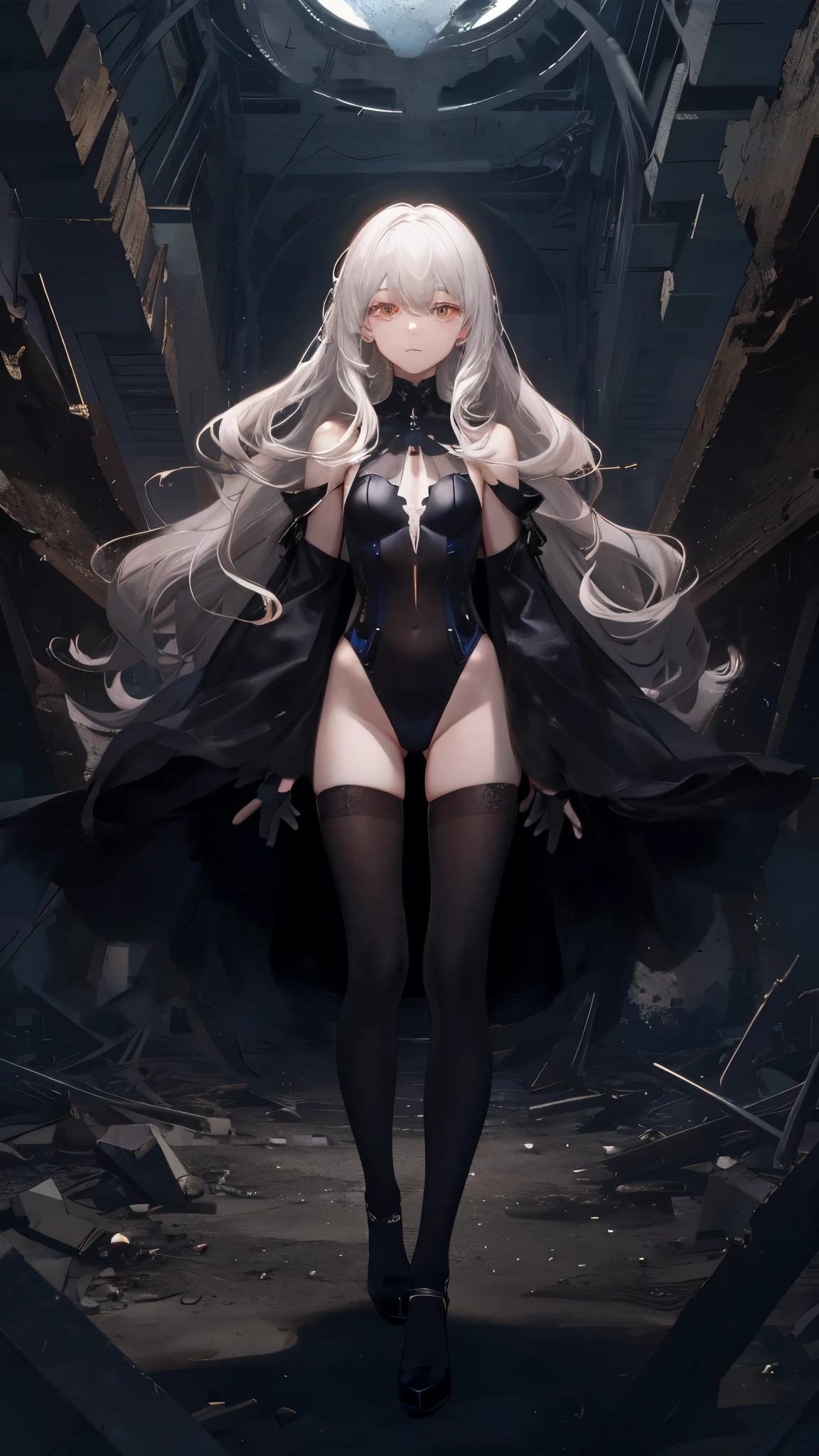 masterpiece, highest quality, Watch the audience, Long Hair, Fresh, (Wavy Hair:0.7),
Black Theme, ((((Gray ruins,)))),Human whole body,Sheer thin leotard,Front view,Golden Eyes,Luminous pupils,Long, straight white hair,Small breastysterious,Expressionless、(Full Shot),Ultra-high resolution,Accurate,Super detailed,Award-winning,Attention to detail,highest quality,8k、High leg、Mysterious、Silent abandoned townscape、Endless dark mechanical ruins、Ultra high definition、8k,Amazingly clear faces、White skin、