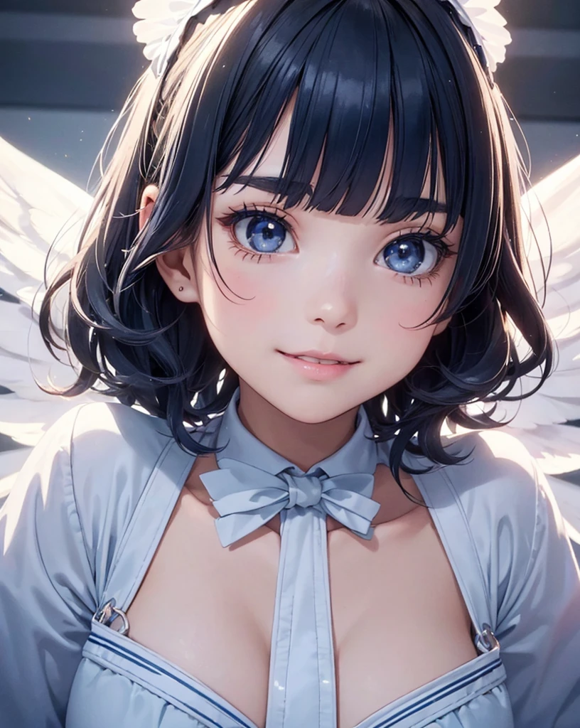 pop design,
angel girl,({Mia},1girl,tween,beautiful detailed face,(navy hair-color),(wavy-short hair),parallel eyebrows,navy eyes with large brown irises,blunt bangs,small breasts,small hip,(5feet tall)), ,ange halo,(big white wings),high heels,
(flight attendant uniform),
in airplane,wholebody,
dynamic angle,nihilistic smile,beautiful lighting,photographic portrait, sharp,
