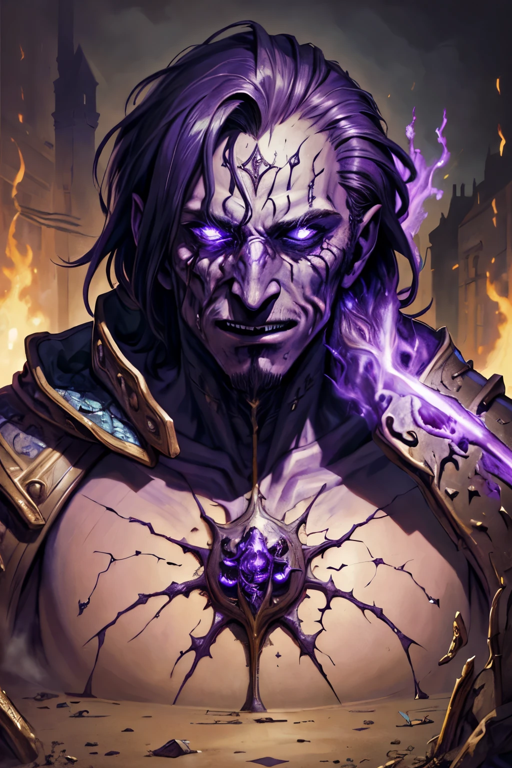 (masterpiece:1.1),(best quality:1.1),extremely detailed,(original design:1.1),(medieval fantasy:1.1),professionally retouched,(close-up:1.1),portrait,battlefield,(male:1.1), corrupted male cultist, turning into a monster
