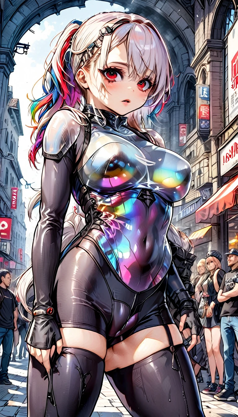 Best quality, super bien, 16k, incroyablement absurdes, Extremely detailed, delicate and dynamic, Beautiful warrior, queue de cheval tressée arc-en-ciel, front, look cool et attrayant, metallic red eyes, Amazing proportions, iridescent translucent reinforced bodysuit, Futur Punk, fond de ville en ruine