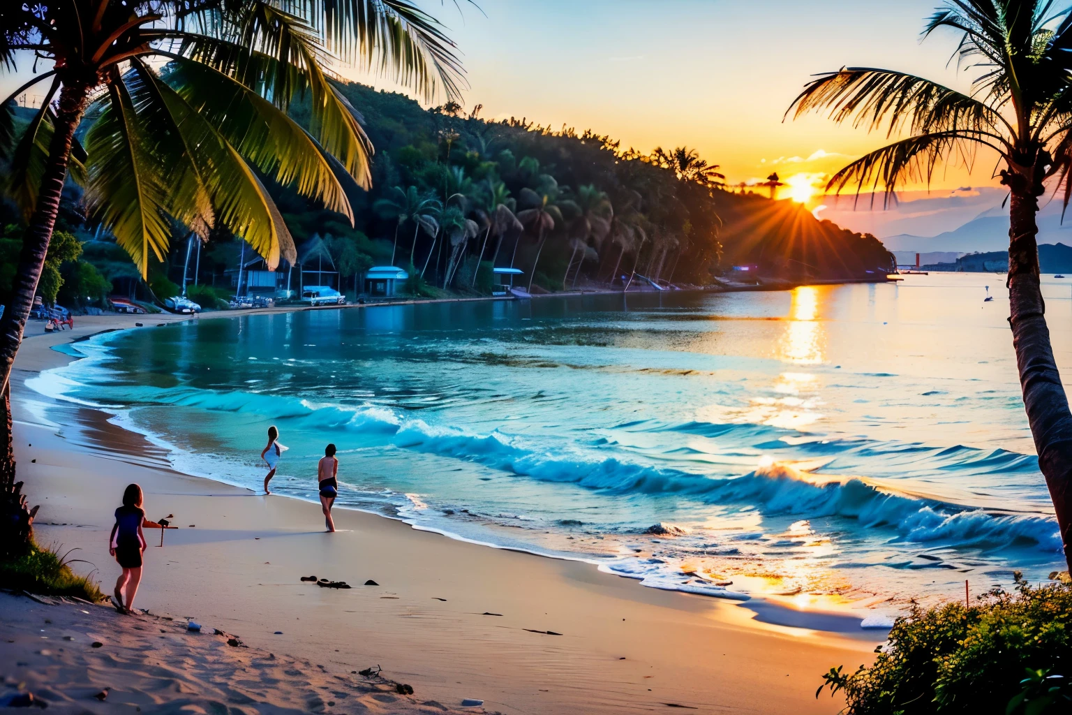 (a sandy beach,lush green trees,palm trees swaying in the wind,turquoise clear water,golden sandy shore,people playing volleyball,crystal blue sky,bright sunshine,soft ocean breeze,seagulls flying in the air,children building sand castles,beach umbrellas,surfers riding the waves,splashing waves,crimson sunset over the horizon,silhouette of a sailboat in the distance,footprints on the sand,seashells scattered along the shoreline,coconut drinks with colorful umbrellas,beach towels and sunscreen,laughter and joyful chatter,tranquil and relaxing atmosphere,summer vibes and vacation vibes,freedom and carefree spirit)