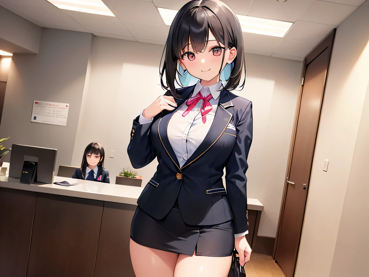 (Masterpiece, highest quality, high resolution, realistic photos, realistic looking skin:1.1),
(Woman is standing inside the reception counter of the company's general reception center serving customers:1.5),
(She is standing: 1.8),
(Please take the picture from the thighs up:1.8),
(She has a smiling expression: 1.5),
(She is wearing a white collared shirt, a light blue blazer and a mini-skirt of the same light blue color: 1.5),
(She wears a ribbon around her neck and a name plate on her left breast:1.5),
(She is a receptionist, so all her shirts and blazers are buttoned up: 1.8),
(She is wearing pumps: 1.5),
(She has medium black hair: 1.5),
(The location is inside the reception counter of the company's general reception center:1.5),
1 Japanese girl, solo, full bodied esbian, beautiful eyes, glowing eyes, glowing thighs, NSFW