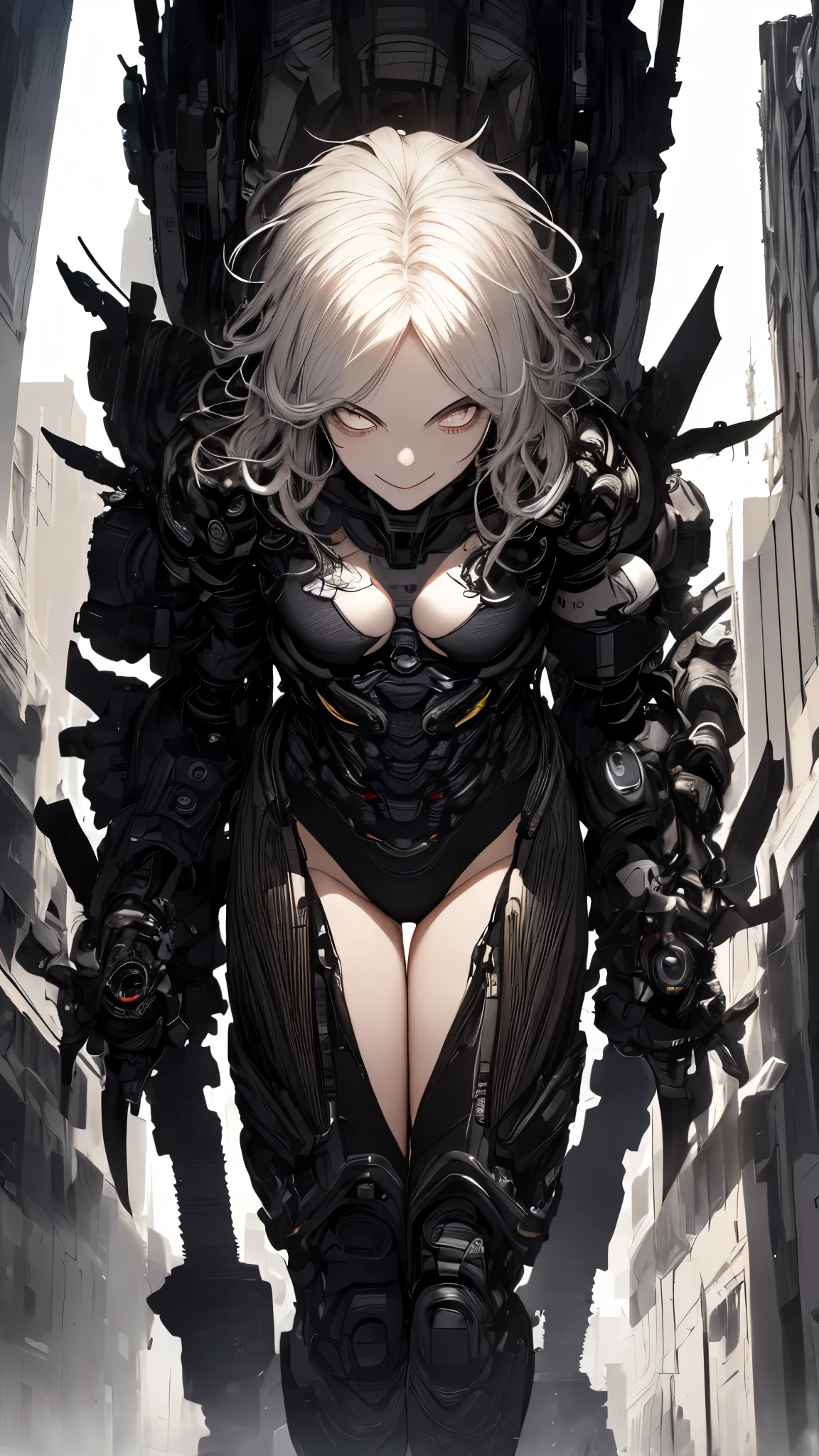 masterpiece， highest quality， Observe the audience， length Hair， Fresh， （Wavy Hair：0.7），
White Theme， （（（（Grey Ruins，）））），Human whole body，Sheer leotard，Front view，Golden Eyes，Bright pupils，length, Pure white straight hair，Small breasts、A light smile，（Full Shot），Ultra-high resolution，Accurate，Very detailed，Awards，Attention to detail，highest quality，8k、High Leg、Mysterious、Quiet abandoned cityscape、mechanical