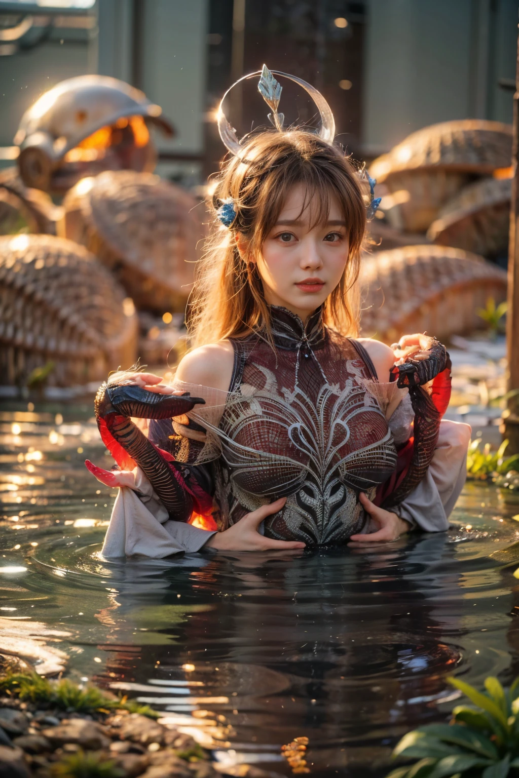8K, ultra HD, masterpiece, 1 girl, good face, very long hair, detailed eyes, small Curved figure, (dragon outfit orange:1.5), (bare shoulder:1), (tattoo:1.2), (straps:1.2), water, (perfect body:1.5), sitting