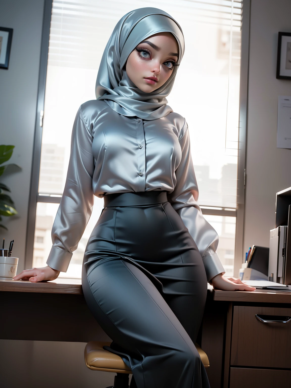 ((Masterpiece, best quality, photography, detailed skin, realistic, photo-realistic, 8k, highly detailed, full length frame, High detail RAW color art, diffused soft lighting, shallow depth of field, sharp focus, hyperrealism, cinematic lighting, hijab, a woman in a beautifully makeup, smokey eyeshadow, beautiful big eyes, long eye lashes, wearing (Dark pewter satin hijab), loosely tide hijab style, ((gray satin shirt)), satin long maxi skirt, sitting on office chair