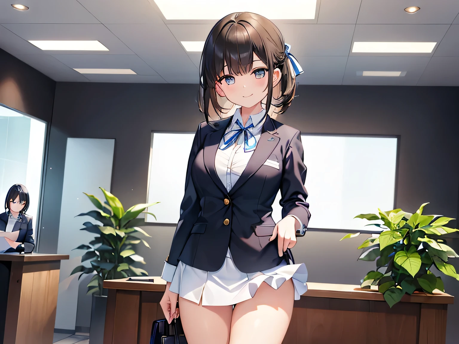 (Masterpiece, highest quality, high resolution, realistic photos, realistic looking skin:1.1),
(Woman is standing inside the reception counter of the company's general reception center serving customers:1.5),
(She is standing: 1.8),
(Please take the picture from the thighs up:1.8), 
(She has a smiling expression: 1.5),
(She is wearing a white collared shirt, a light blue blazer and a mini-skirt of the same light blue color: 1.5),
(She wears a ribbon around her neck and a name plate on her left breast:1.5),
(She is a receptionist, so all her shirts and blazers are buttoned up: 1.8),
(She is wearing pumps: 1.5),
(She has medium black hair: 1.5),
(The location is inside the reception counter of the company's general reception center:1.5),
1 Japanese girl, solo, full bodied esbian, beautiful eyes, glowing eyes, glowing thighs, NSFW