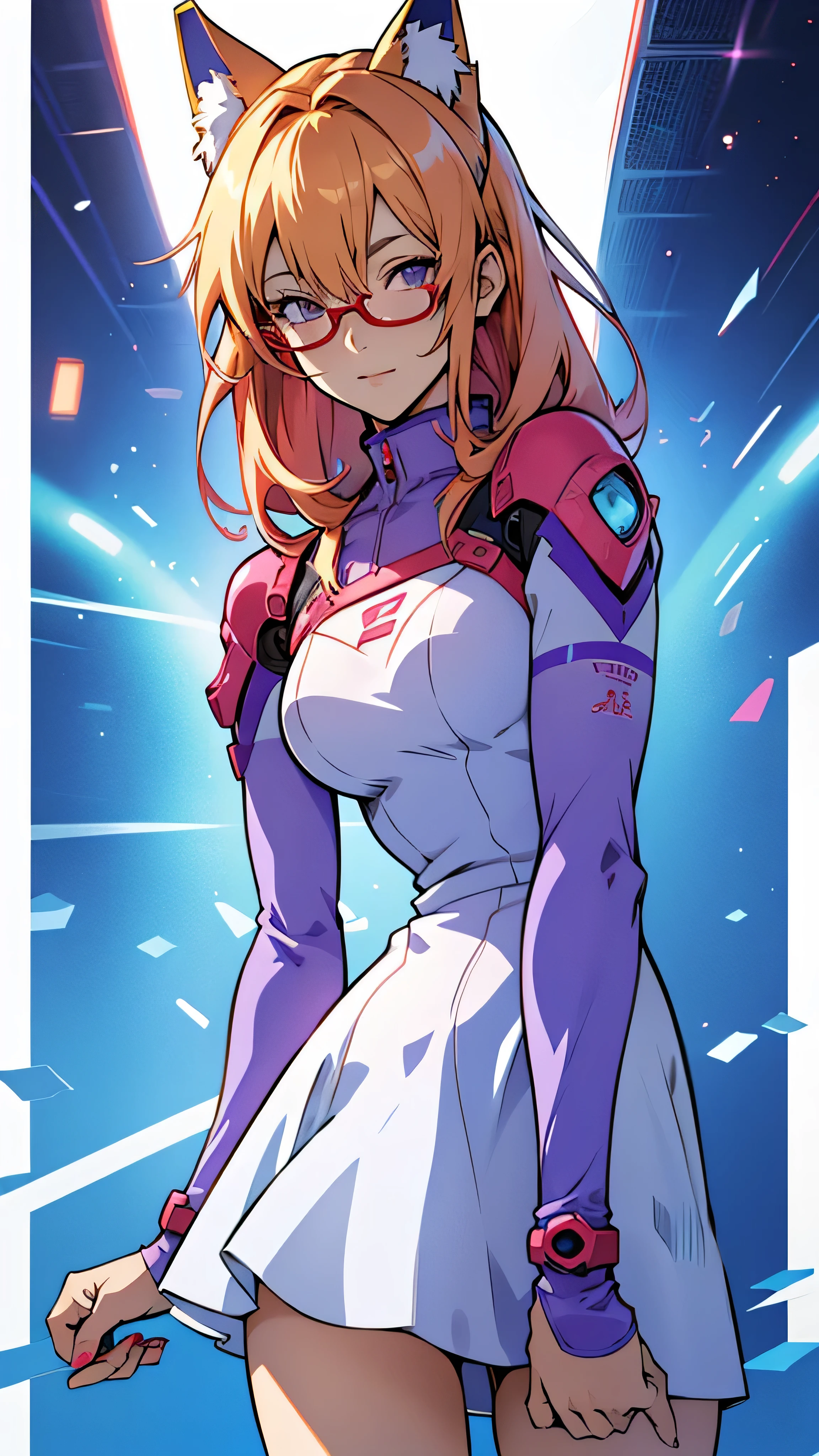 anime,An illustration,purple robot,Mobile Suit,Dom,Light blue check dress,Red glasses,Blonde,Light blue mesh hair,beautiful girl,Sora Sakurano,one person