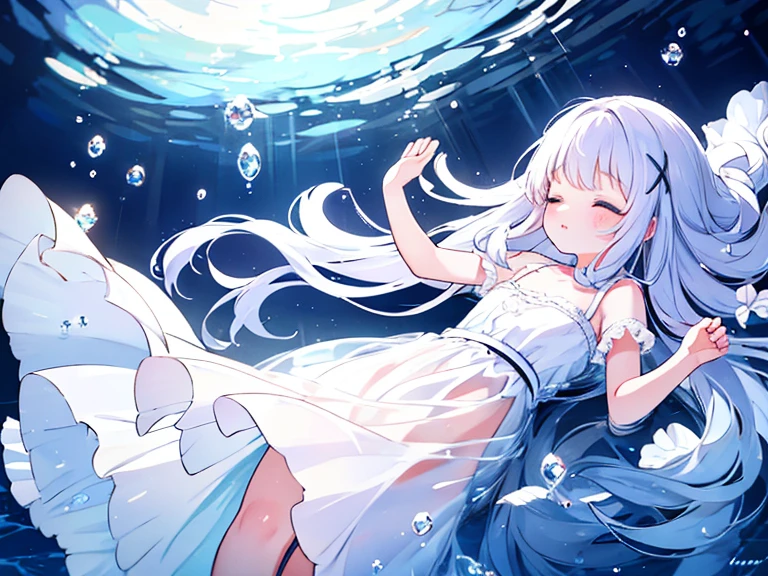 {{{masterpiece}}}, {{{best quality}}}, {{ultra-detailed}}, {illustration}, {{an extremely delicate and beautiful}},chino,wet,The sight of a woman in a white dress floating on crystal-clear water is breathtaking, like a scene from a dream. The water is incredibly transparent, reflecting her image sharply on its surface. Her white dress softly glows in the light, spreading out in the water like delicate feathers.The surface of the water is as calm as a mirror, with gentle ripples spreading around her, reflecting light in shimmering patterns. Her hair fans out in the water, resembling flowing silk. Sunlight filters through the water, casting a warm glow on her skin, making her appear radiant in the soft light.She has her eyes closed, relaxed, and her expression conveys a deep sense of peace and tranquility. The water gently supports her body, making it seem as if she is floating in mid-air. This scene evokes a sense of timeless stillness and serenity.