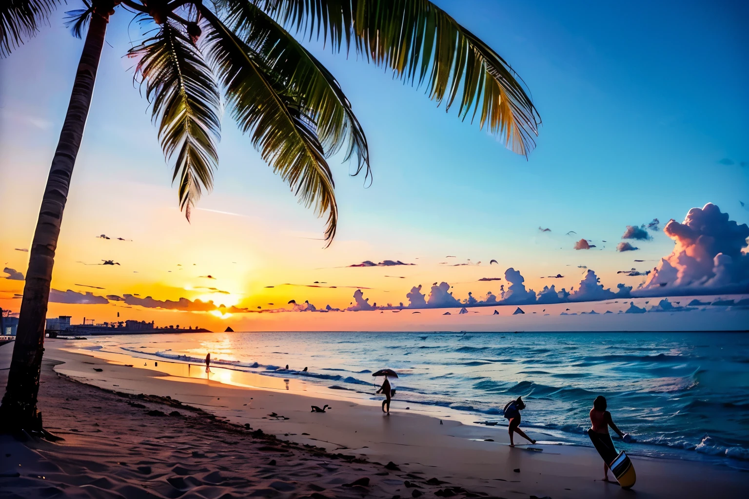 (a sandy beach,lush green trees,palm trees swaying in the wind,turquoise clear water,golden sandy shore,people playing volleyball,crystal blue sky,bright sunshine,soft ocean breeze,seagulls flying in the air,children building sand castles,beach umbrellas,surfers riding the waves,splashing waves,crimson sunset over the horizon,silhouette of a sailboat in the distance,footprints on the sand,seashells scattered along the shoreline,coconut drinks with colorful umbrellas,beach towels and sunscreen,laughter and joyful chatter,tranquil and relaxing atmosphere,summer vibes and vacation vibes,freedom and carefree spirit)