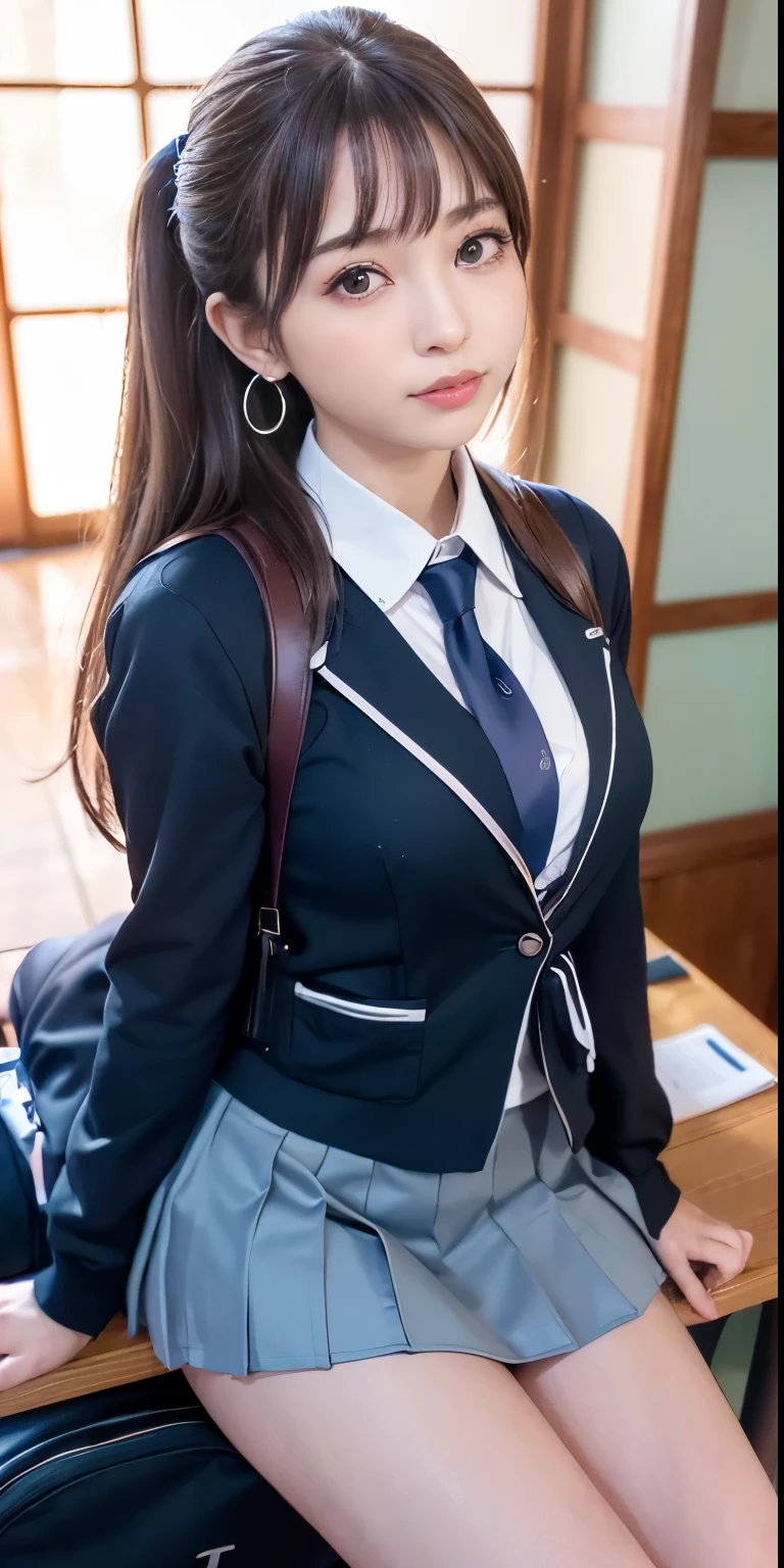 mix4, (16 K, Raw photography, Top image quality, masterpiece: 1.45), (realisitic, Photorealsitic: 1.37), one girls, cute little, A city scape,, profetional lighting, photon maping, school classrooms, physically-based renderingt, dark brown hair,pony tail hairstyle, Well-groomed and beautiful eyes、((double eyelid))、Transcendent Cute Girl, (((student clothes、blazers、Long sleeve shirt worn by Japan high school girl、Ribbon Ties、Dark blue mini skirt,、Dark blue socks、Black loafers))), Top Quality Photos, hight resolution, 1080p, (clearface), (Detailed face description), (Detailed hand description), (masterpiece), (Exquisite CG)、extreme light and shadows、dishevled hair、master work、abundant detail、(Fine facial features)、(top quality photo)、(masuter piece)、(A detailed eye)、Look in front of you、Fine clavicle、((Slender big))、(((Japan schoolgirls wear jackets and long-sleeved shirts)))、((Neat and clean idol))、((School Gate、school ground、School building in the background))、(Shooting from random perspectives)、(((Anyway cute)))、earrings、A big smile、Drawing the whole body from the knees、Do not draw nasolabial folds、(((Sports bags used by Japan schoolgirls)))、(Big breasts that hang down big:1.2)、Big buttocks with tension、Two arms and two legs、(((from the front side:0.7)))、bare hand、(((Left and right symmetrical eyes)))、Standing Pose、Put your hands on your desk、Do not take the tie out of the jacket、Raise your buttocks:1.5,barebacked:1.5,