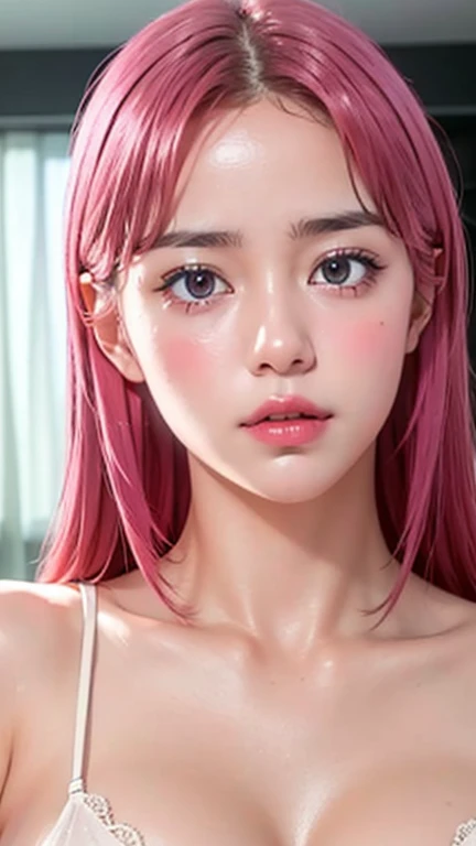Ultra realistic, open shot (show body), best quality, dream aesthetic (a little blurry in cinematic vibrant light), ultra-detailed, fine details, high resolution (image taken by analog camera), Perfect dynamic composition, illuminated pale skin, perfect shading, beautiful (realistic) detailed clear eyes, hot lingerie (tits nude), pantyhose, pale-pink hair, long messy (silky) hair (pale pink), tied hair, natural big breasts, Natural Color Lip (not smiling), face with shy and embarrassed expression, Random and sensual poses, bedroom (background unfocused)、20 year old、dream atmosphere 