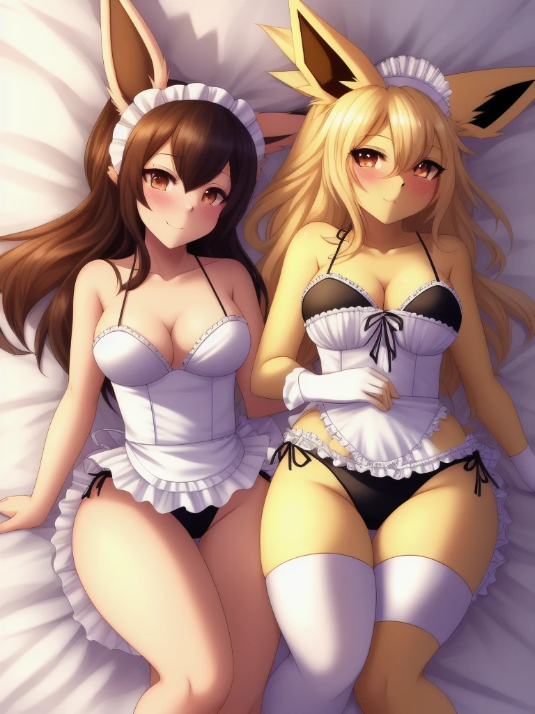 Jolteon,long haired,Bust 87,Waist 57,Thigh 86,Good resolution,on the bed,Sleep on your side,Maid outfit bikini,Good light and shadow details,shade,sexy body,blushing