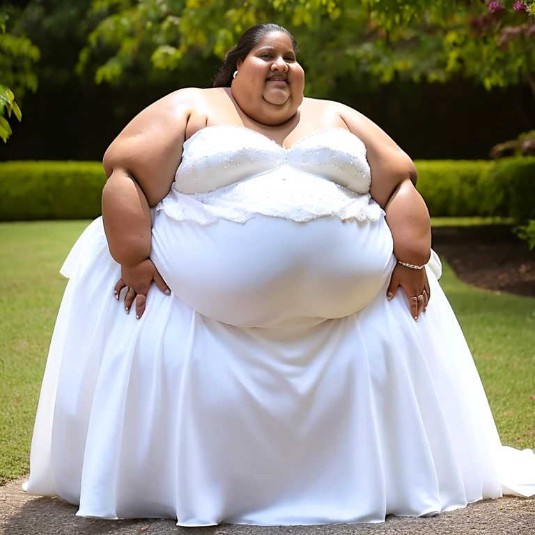 sbbw solo extremely morbidly obese Panamanian woman full body alone wearing a white wedding dress