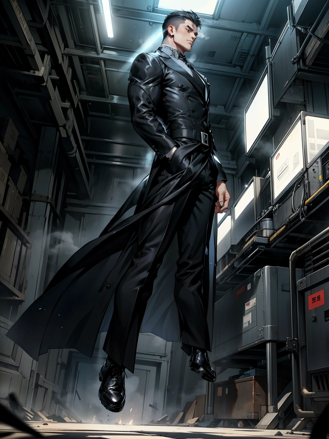 boys 26 Years old, Serious face, muscular, high cut short hair, wearing black long suits, white shirts, black tie, black pants, high cut boots, ((hands behind back)), levitate on air, cloud, sky 