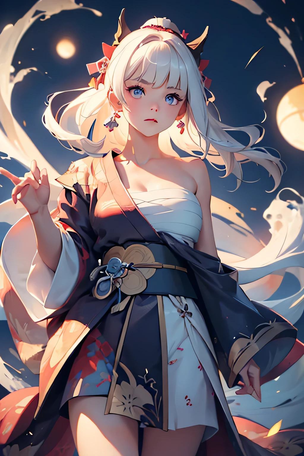 (masterpiece, best quality, dutch angle)(1girl, solo)(white hair,Lapis Lazuli Eyes,Straight long hair)(sarashi,japanese clothes,one shoulder、Wear one kimono:1.4、Long length kimono、One shoulder exposed)(Serious expression, Woman holding a sword:1.3、floating hair)(Japan Mansion、Mystical Night、Particles of light float around the woman、Fantastic atmosphere)
