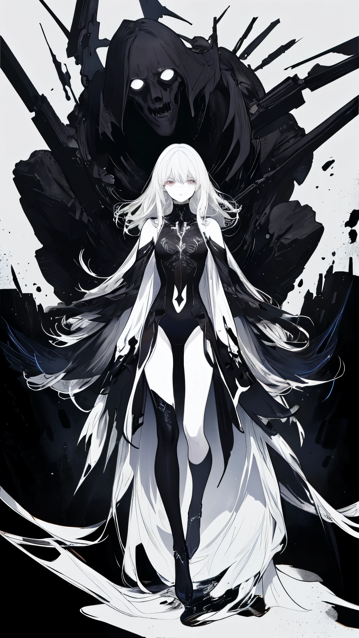 masterpiece, highest quality, Watch the audience, Long Hair, Fresh, (Wavy Hair:0.7),
Black Theme, ((((Gray ruins,)))),Human whole body,Sheer thin leotard,Front view,Golden Eyes,Luminous pupils,Long, straight white hair,Small breastysterious,Expressionless、(Full Shot),Ultra-high resolution,Accurate,Super detailed,Award-winning,Attention to detail,highest quality,8k、High leg、Mysterious、Silent abandoned townscape、Endless dark mechanical ruins、Ultra high definition、8k,Amazingly clear faces、White skin、