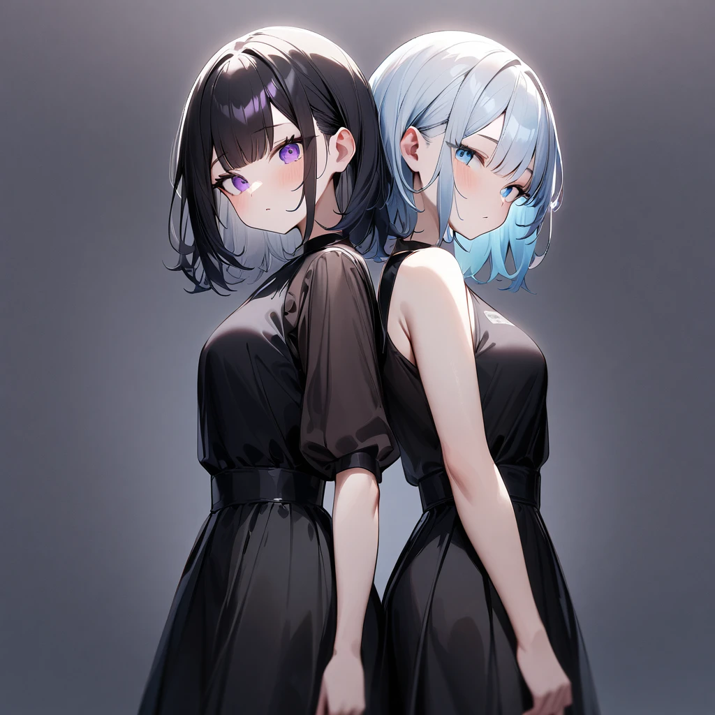 {{2girls}}, diagonal back to back,masterpiece,best quality,very aesthetic,absurdres,cowboy shot,light color,dark color,light hair,dark hair,White hair,light  blue hair,light  blue eyes,Lovely,translucent hair,dark purple eyes,headless,(black hair,one eyes),asymmetry,Wide open back,Wide open back,Bare shoulders, huge ass,see-through,butt_crack,bend,cutout