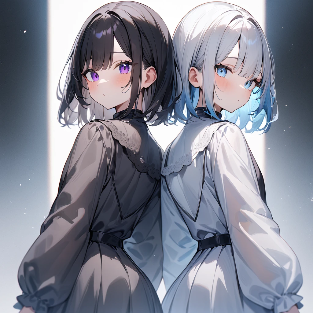 {{2girls}},masterpiece,best quality,very aesthetic,absurdres,cowboy shot,light color,dark color,light hair,dark hair,White hair,light blue hair,light blue eyes,Lovely,translucent hair,dark purple eyes,headless,(black hair,one eyes),back to back,asymmetry