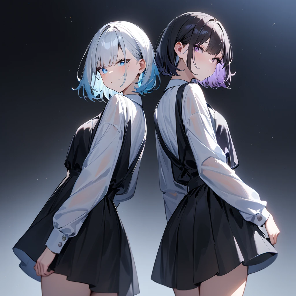 {{2girls}},masterpiece,best quality,very aesthetic,absurdres,cowboy shot,light color,dark color,light hair,dark hair,White hair,light  blue hair,light  blue eyes,Lovely,translucent hair,dark purple eyes,headless,(black hair,one eyes),back to back,asymmetry