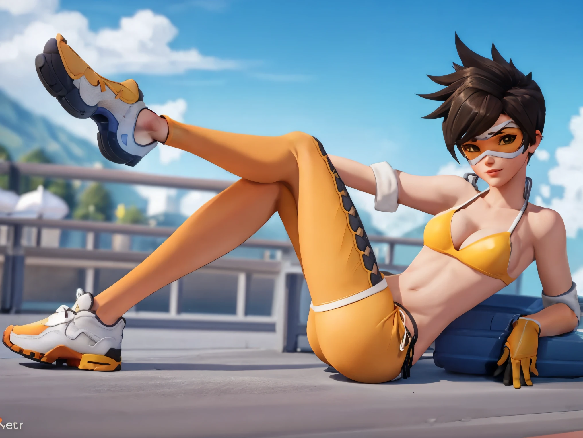 Tracer from overwatch is wearing a slutty bikini and posing for a porn. ((yellow open-toed heels, visible feet, highly detailed feet)), spread legs, sexy sitting pose, front view, blushing, freckles, looking at viewer, small breasts,