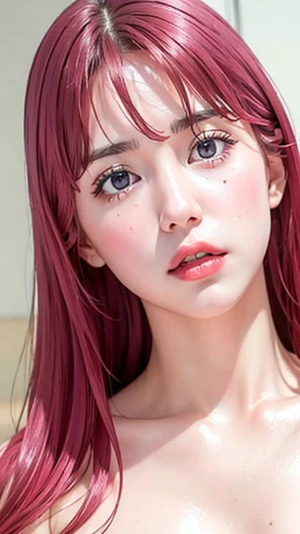 Ultra realistic, open shot (show body), best quality, dream aesthetic (a little blurry in cinematic vibrant light), ultra-detailed, fine details, high resolution (image taken by analog camera), Perfect dynamic composition, illuminated pale skin, perfect shading, beautiful (realistic) detailed clear eyes, hot lingerie (tits nude), pantyhose, pale-pink hair, long messy (silky) hair (pale pink), tied hair, natural big breasts, Natural Color Lip (not smiling), face with shy and embarrassed expression, Random and sensual poses, bedroom (background unfocused)、20 year old、dream atmosphere