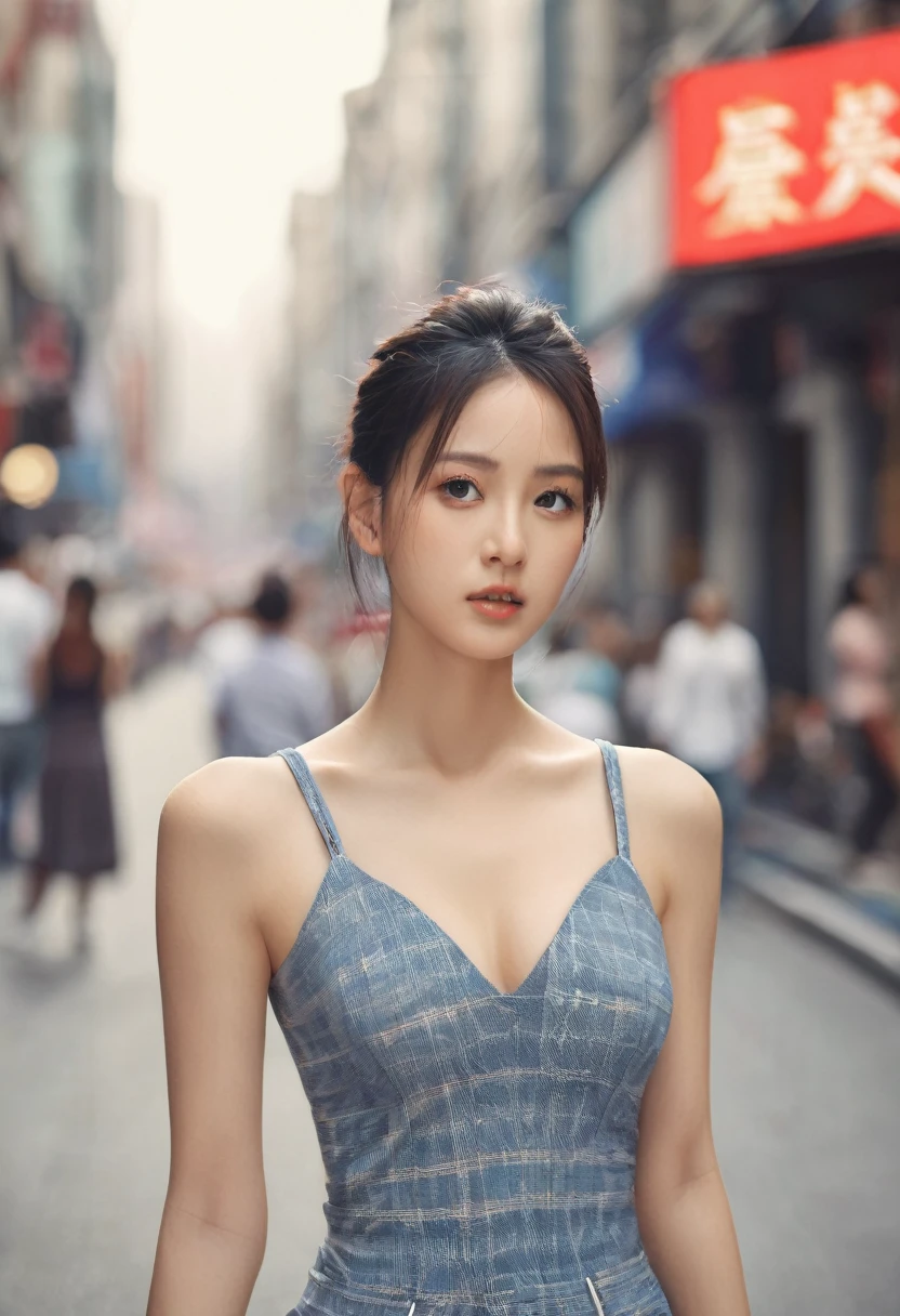 (((Practical photography))),, portrait, (Scared face:1.3),, beautiful girl, looking at the audience, , (Uniforms:1.2), , (Full cleavage:1.2),, in japanese street, (environment details:1.3),, (original photo, CG Unity, photography, ultra Practical details, Clear focus, Delicate skin,4k, high resolution, masterpiece, best quality, Practical, energetic:1.2),, (8K,4k, Ultra HD, high resolution, professional, Movie, , Dramatic),, (Anamorphic depth of field blurred background), Detailed background, huge breast size