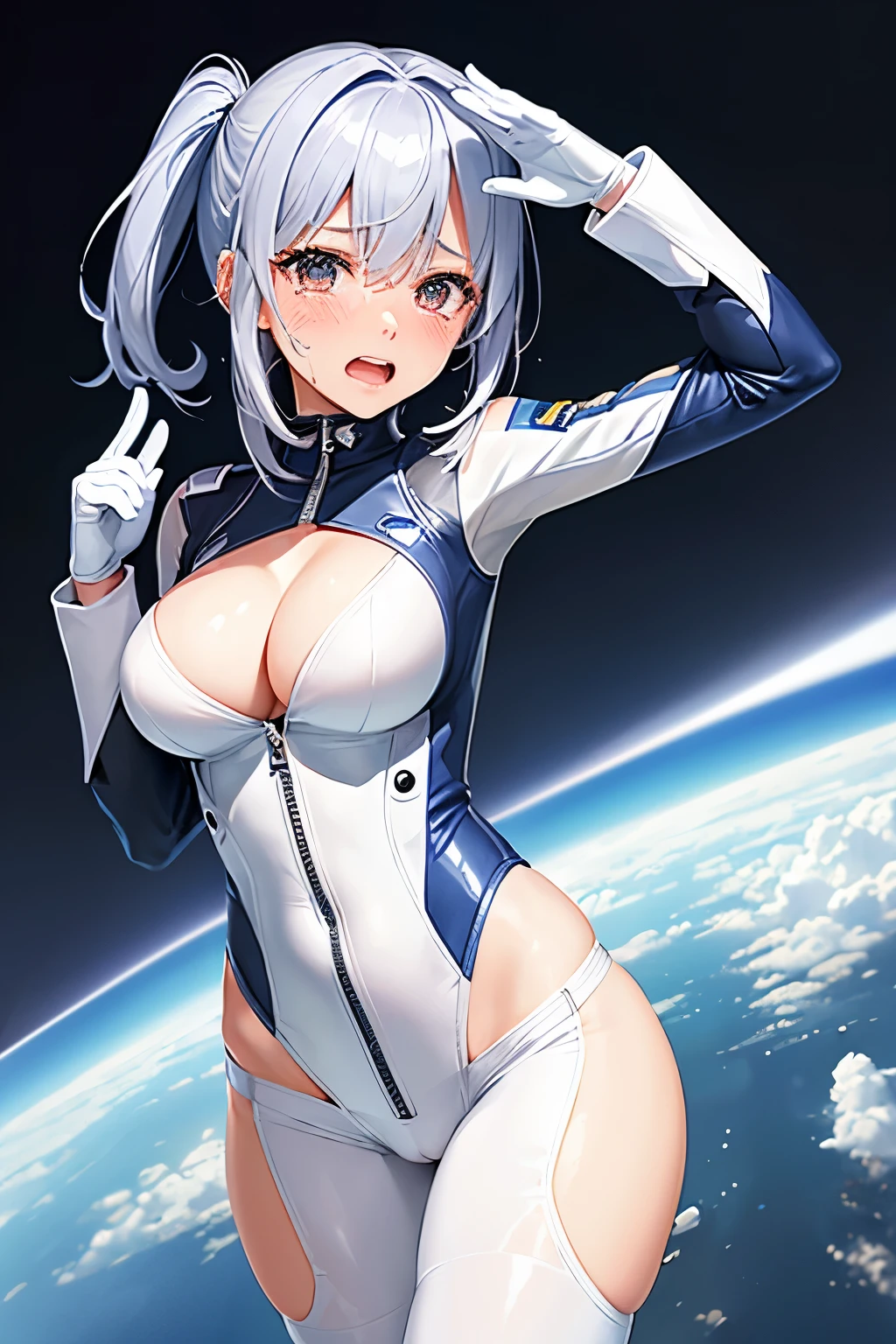 （（（highest quality、first-clasasterpiece、Normal body、8k、Detailed face、Ultra-precision、Normal hand、Normal finger、５Finger、）））Brightly colored hair、Silver Hair、Shortcuts、A tight, revealing pilot suit、Thin leotard pilot suit、See-through high-cut pilot suit、Naughty pilot suit、Change of clothes、The gesture of taking off the pilot suit、Lower the front zipper of the pilot suit、Grab the zipper on your chest、Showing off、White pants、White bra、Postures that emphasize the chest、Salute and unzip your zipper、I can see her cleavage、Nipples勃起、Nipples、Blushing and shyly opening the front zipper、恥ずかしくて震えながらもOrderに逆らえない、tears目、tears、Crying face、Embarrassed and crying、Standing still、Order、Absolute Obedience、Obedience