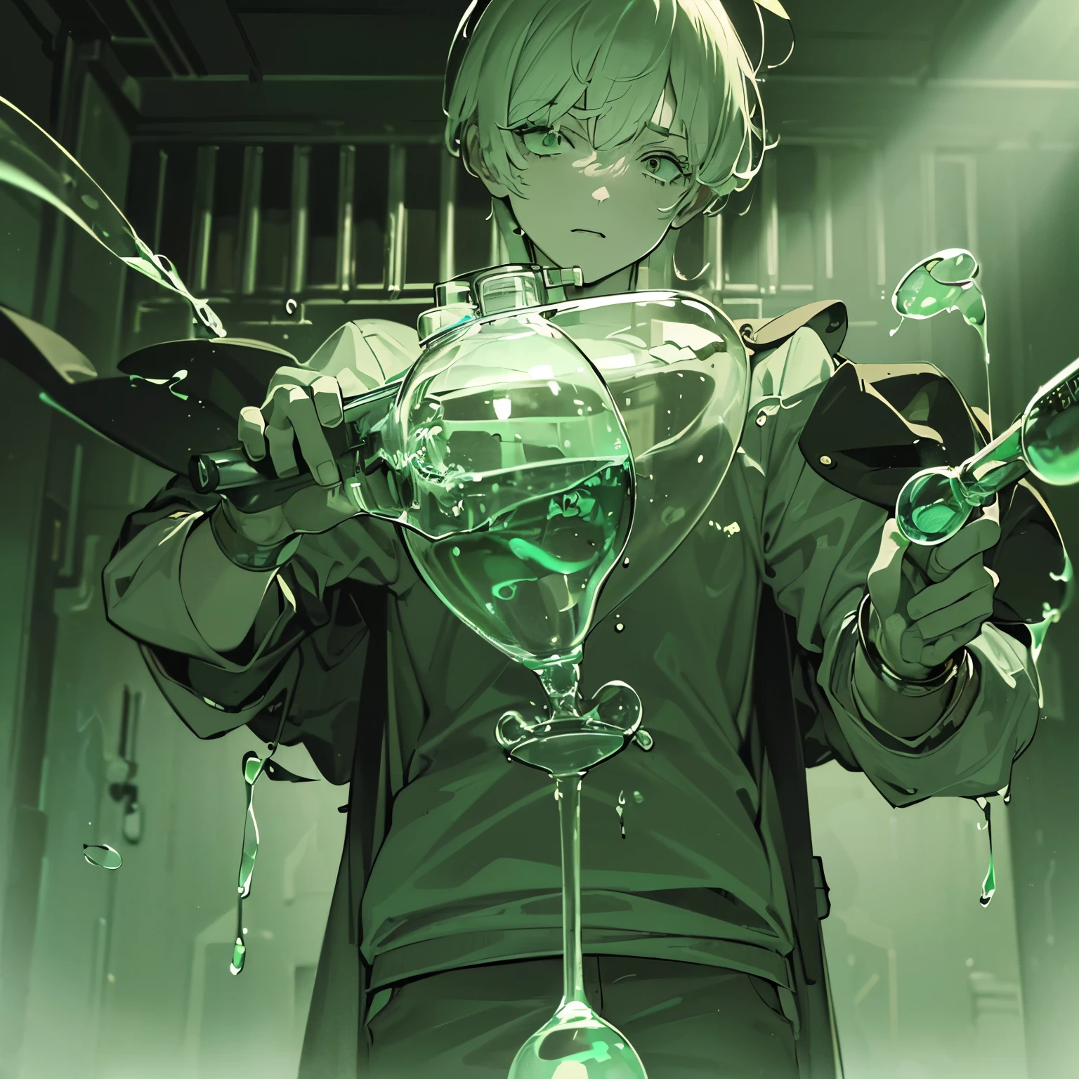 (best quality,highres,ultra-detailed,realistic:1.37),boy in labcoat, toxic potion, bubbling flask, steaming test tubes, mysterious symbols, dark laboratory, dim lighting, eerie atmosphere, greenish color tone