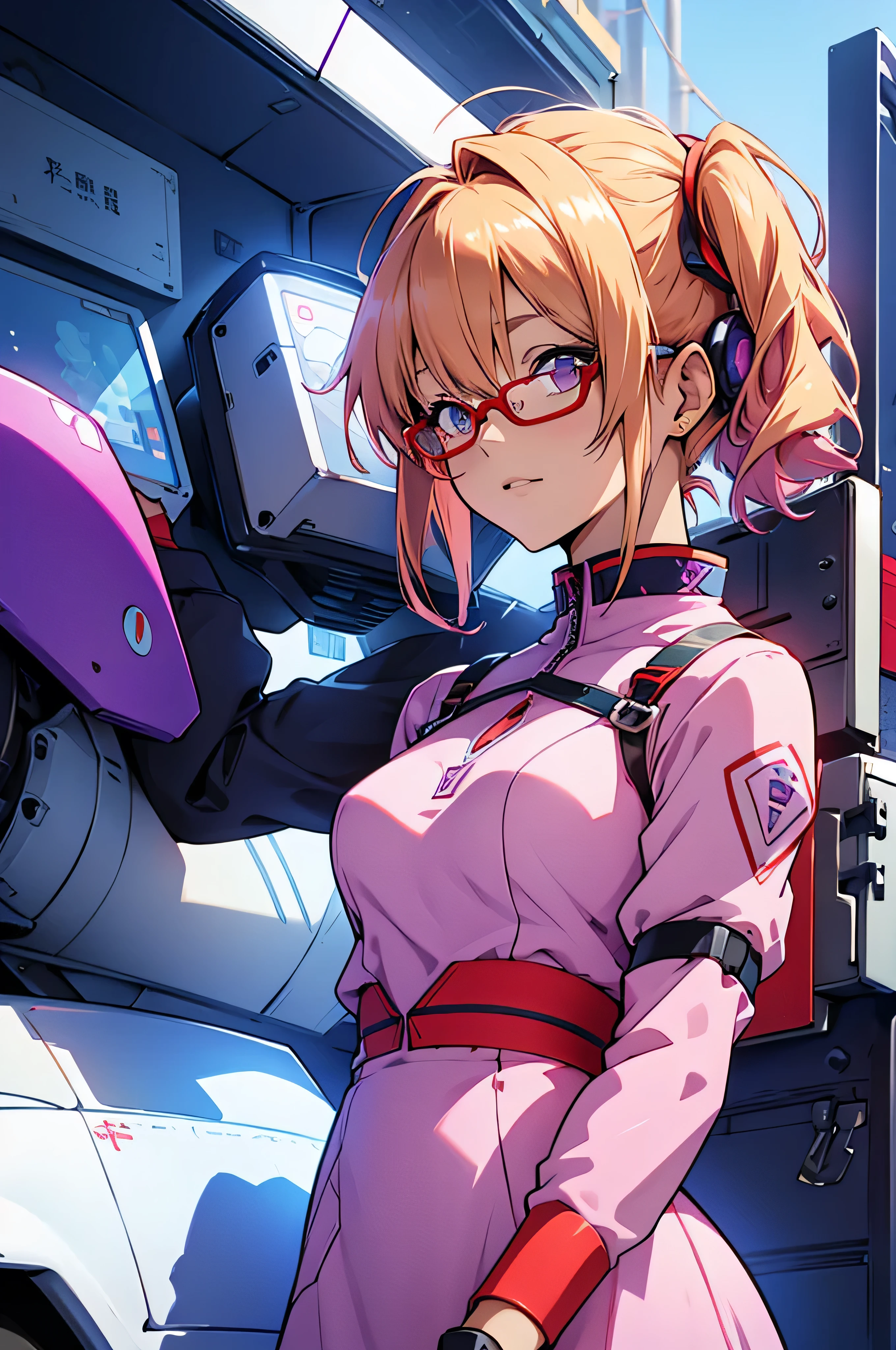 anime,An illustration,purple robot,Mobile Suit,Dom,Light blue check dress,Red glasses,Blonde,Light blue mesh hair,beautiful girl,Sora Sakurano,one person