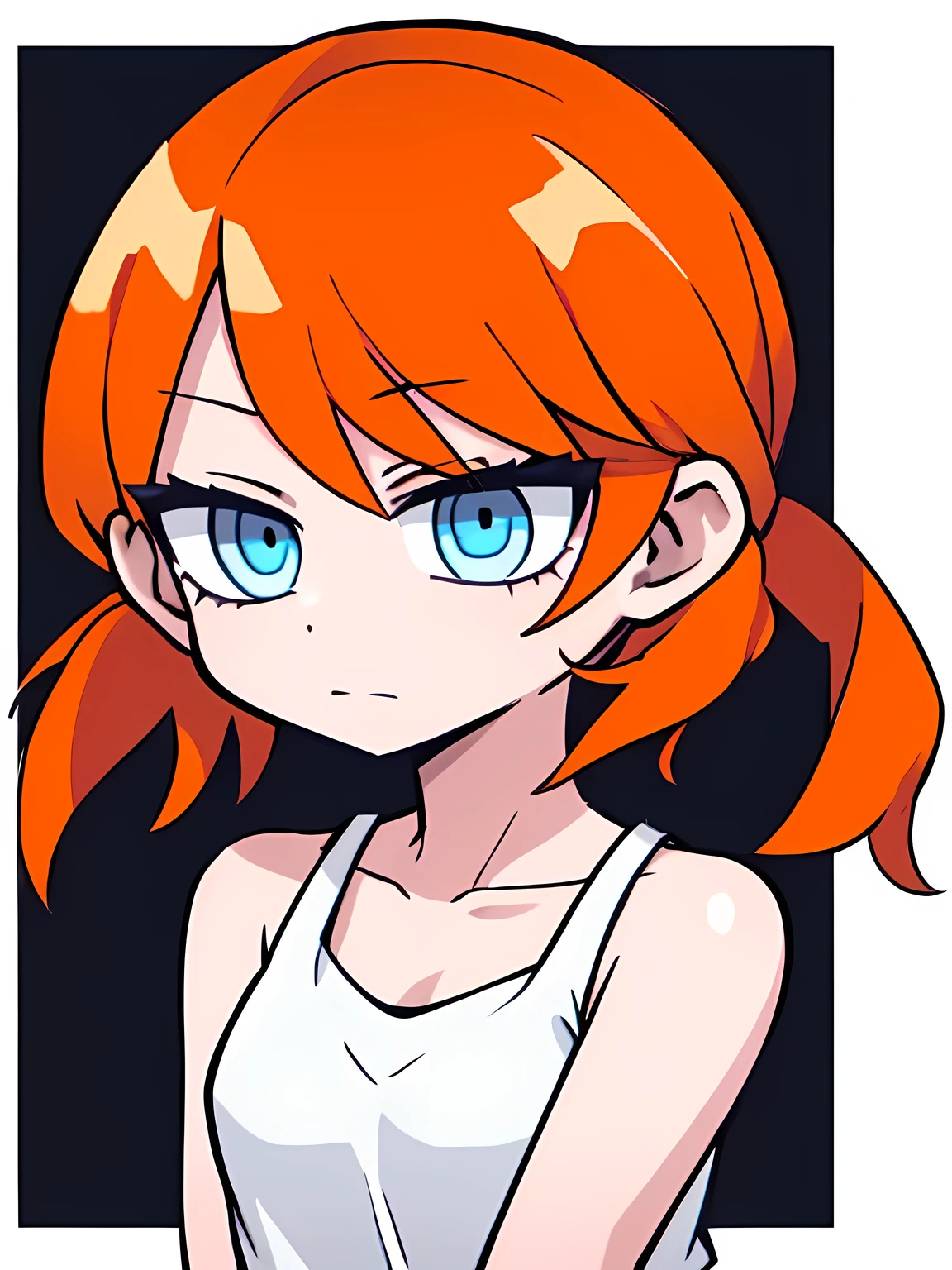 1girl,solo,upper body,short low twintails,orange curly hair,(((blue eyes))),white tanktop