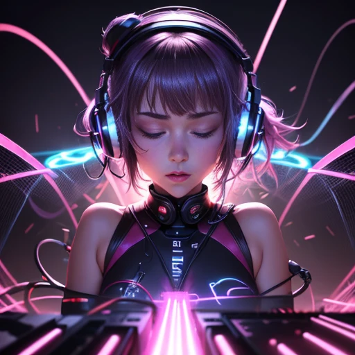 (Master Parts:1.3),(highest quality:1.2),8k,Absurd,8K Wallpaper Unit,(Very detailed:1.3),Highest Resolution,
(One girl:1.2),(Headphones on head:1.1),(Neon Light:1.1),Hat maker,Dynamic pose,(Floating hair:1.2),short hair,,(Passionate:1.2),(DJ:0.9),(psychedelic:1.2),Dynamic pose,electric wire,1. Place your hands on your head,(light:1.2),Eyes closed,Diaphragm,Obfuscating,(music:1.2),cable,神のlight,(internal:1.2),Horizontally,(musical instrument:0.7),Desperate,Passionate,Energetic,intense,Numb,exciting,dynamic,exciting,Explosives,agree,crowd,light,,Neon Light,