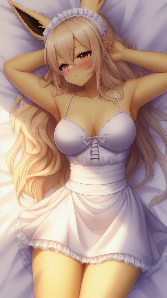 Jolteon,long haired,Bust 87,Waist 57,Thigh 86,Good resolution,on the bed,Sleep on your side,Maid outfit bikini,Good light and shadow details,shade,sexy body,blushing
