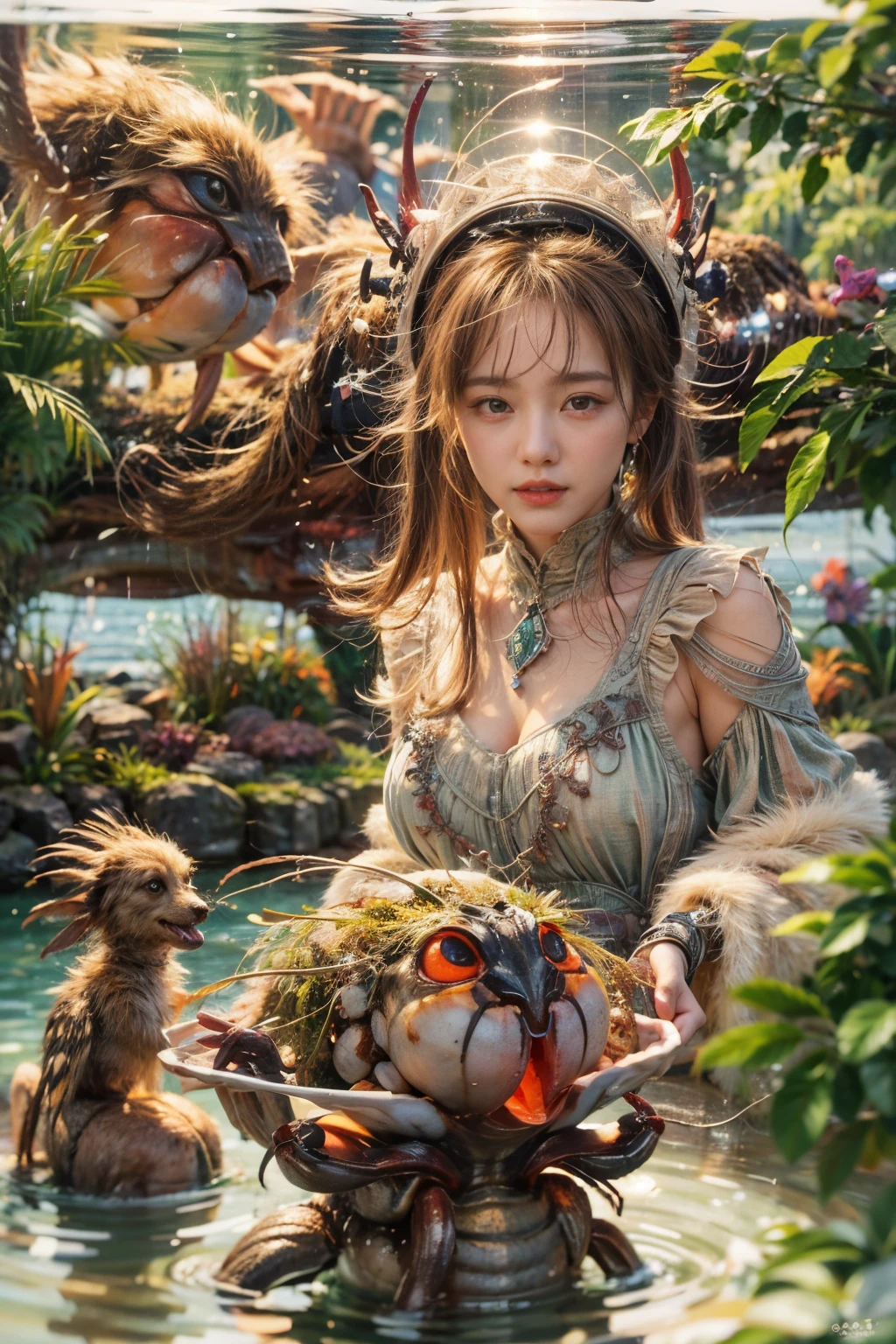 masterpiece、highest quality、Ultra-Realistic Rendering、蟹のようなalienの女性、Fusion with Crab、蟹型alien、alien、Extremely intricate details、Wet texture、The bottom of the sea where light shines、