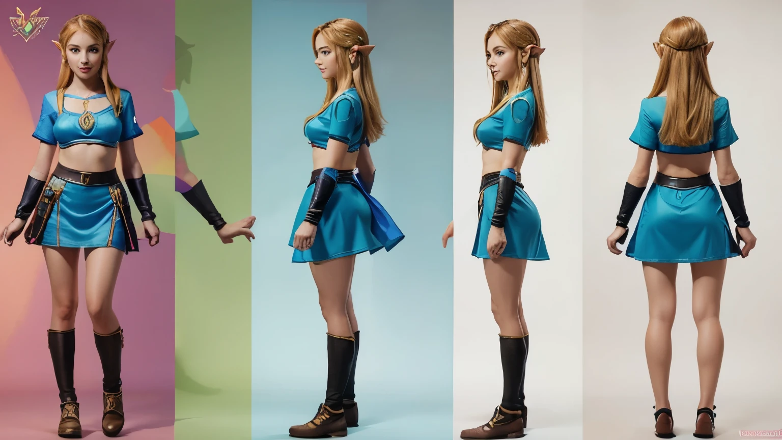 A pretty, fun and vibrant illustration of Zelda. [full body]. She is shown in multiple views, including front, side, and back, emphasizing his character base model,