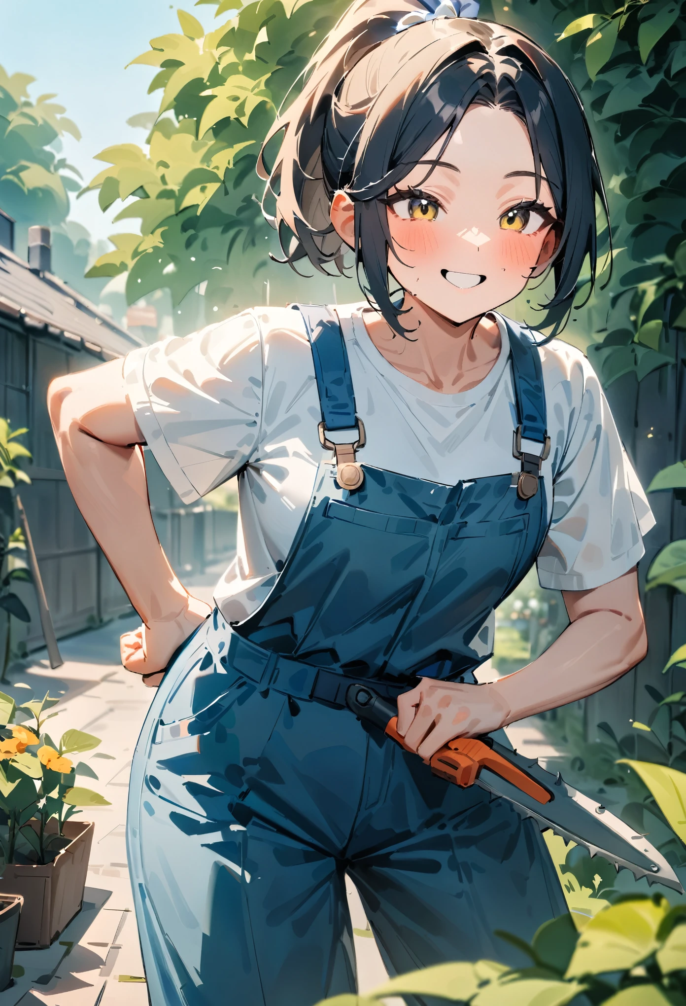 masterpiece, best quality, very aesthetic, absurdres, newest, 1girl, solo, ponytail, medium length hair, little smiling, pruning trees, white T-shirt, blue overalls, (holding a pruning saw), hand on hips, sunny weather, outdoor, gardening